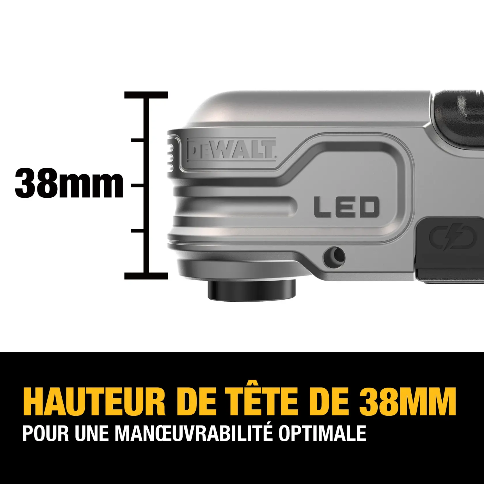 DEWALT LED-Winkelaufsatz sendet Licht aus, dargestellt vor schwarzem Hintergrund.