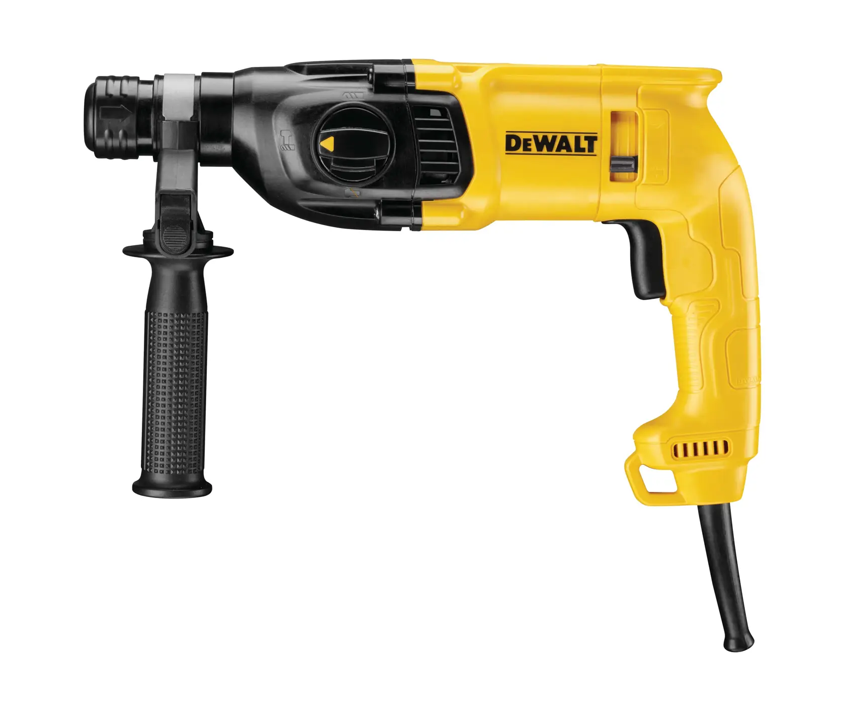 Taladro percutor rotativo con cable DEWALT amarillo y negro, con mango auxiliar, presentado sobre fondo blanco.