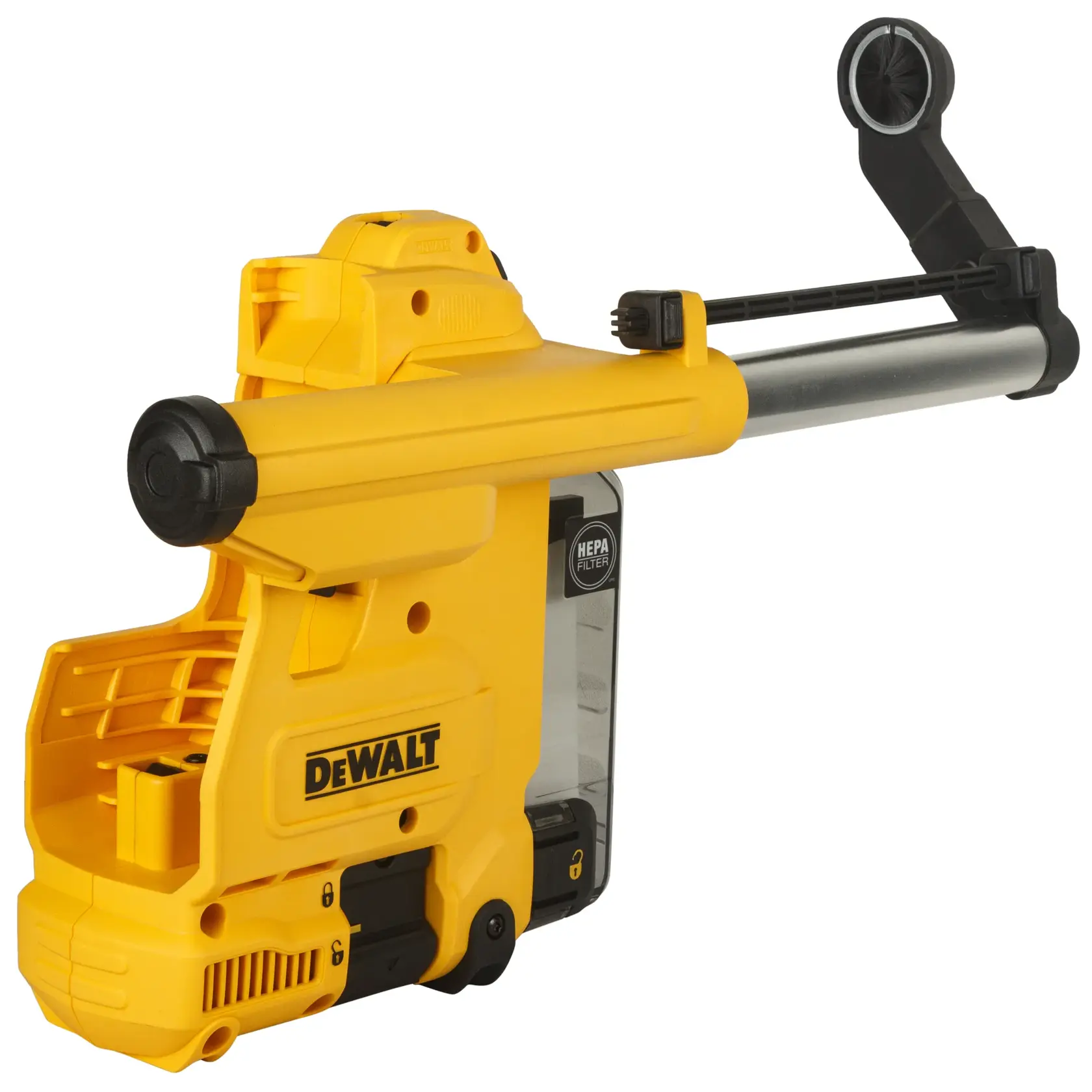 Adaptateur extracteur de poussière jaune DEWALT D25304DH avec filtre HEPA pour perforateurs.