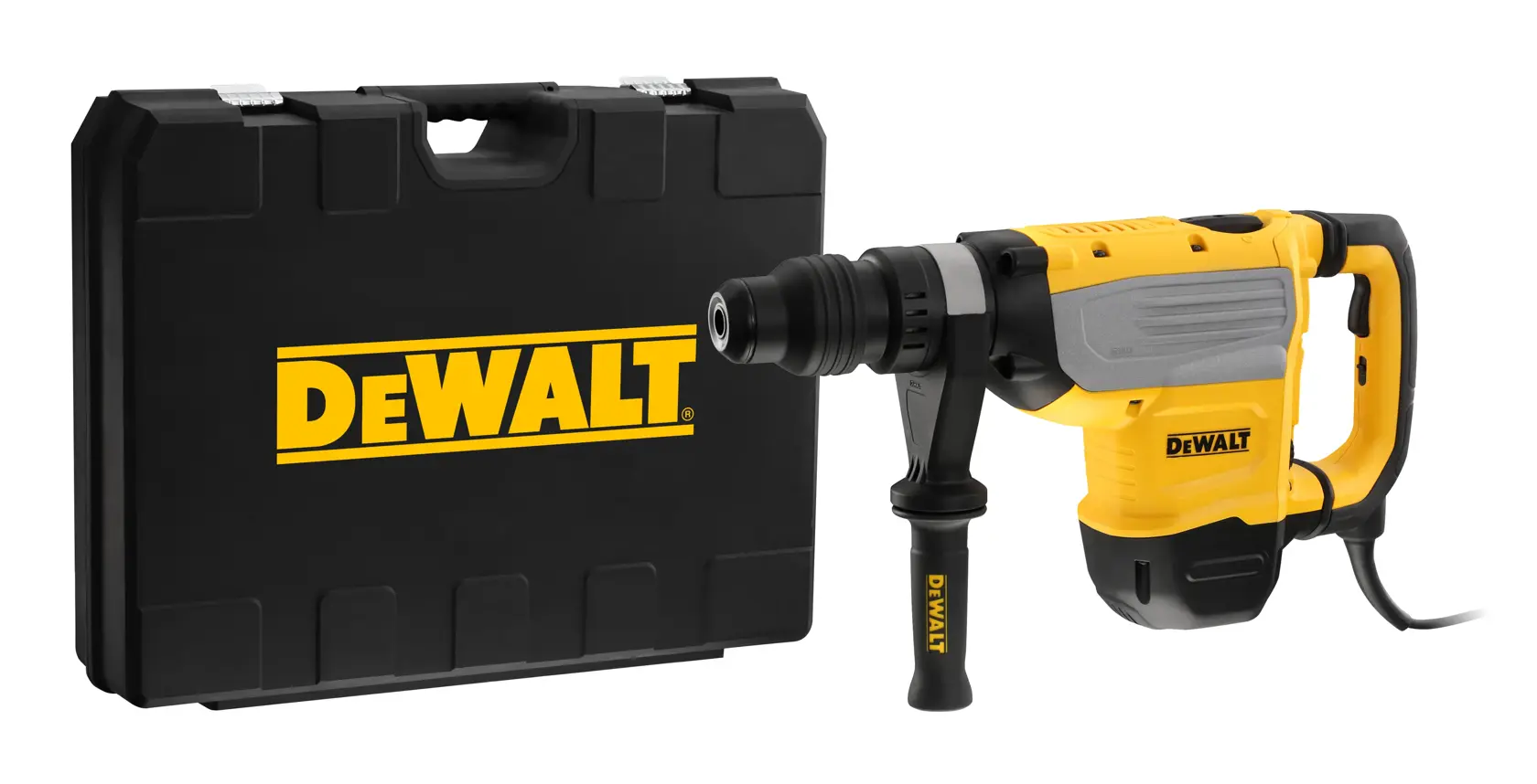 Un marteau perforateur rotatif DEWALT avec une poignée latérale et un cordon d'alimentation, présenté à côté d'une mallette noire portant le logo DEWALT.