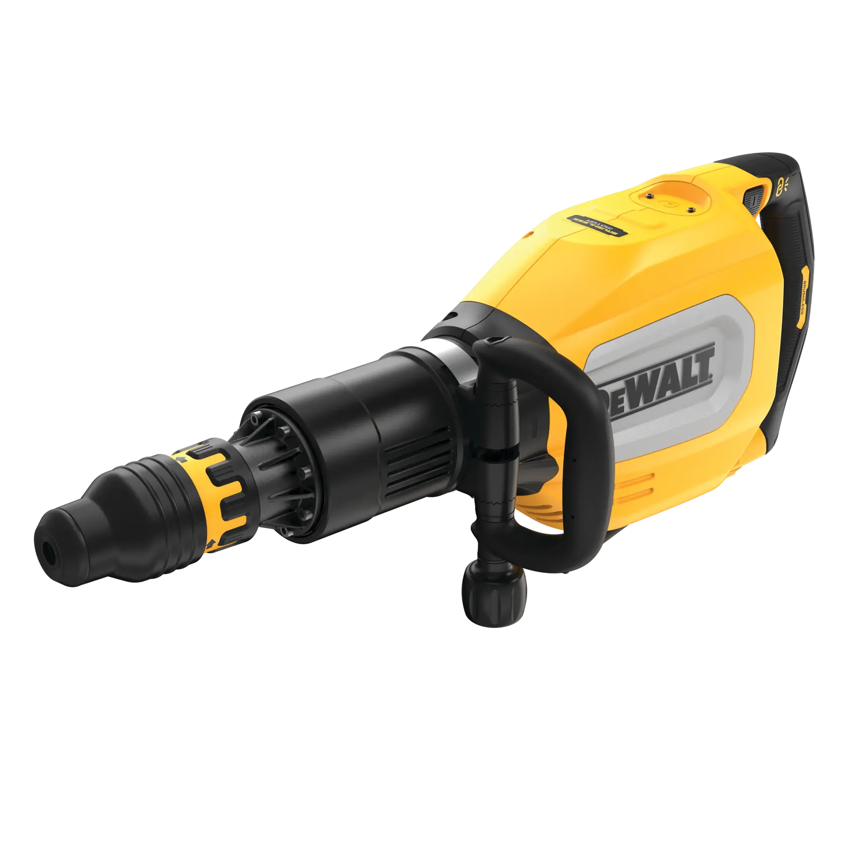 Gelber DEWALT Abbruchhammer mit Griff und schwarzem Aufsatz, auf weißem Hintergrund gezeigt.