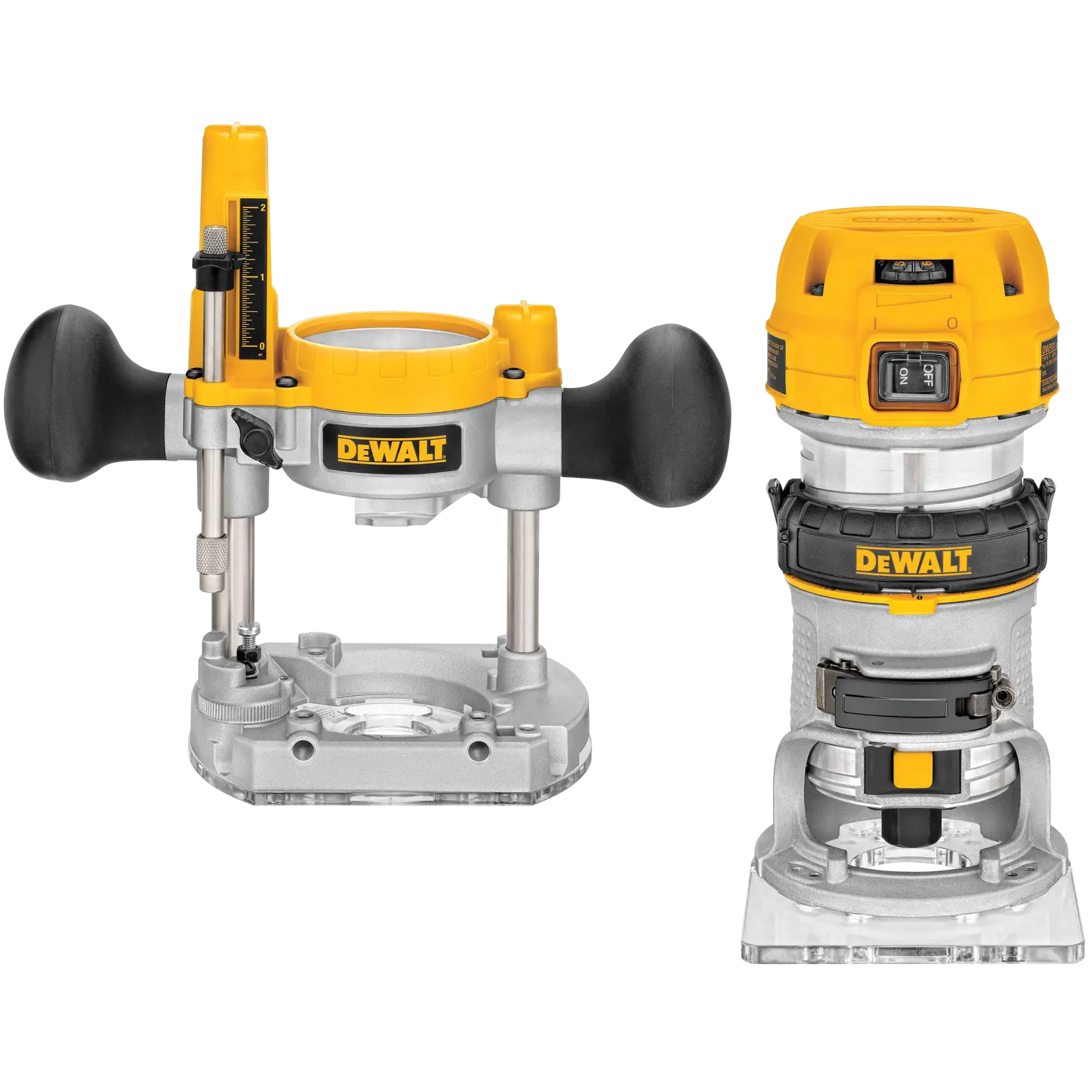 Deux défonceuses à bois DEWALT sont présentées côte à côte. La défonceuse de gauche possède une base plongeante avec deux poignées noires et un indicateur de réglage de profondeur. Celle de droite a une base fixe avec un dessus jaune et le logo DEWALT, utilisée pour la coupe et le façonnage précis du bois.