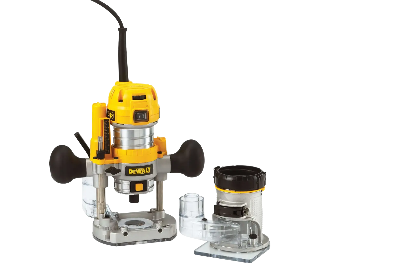 DEWALT-Fräsen-Set mit zwei Basen für Holzarbeiten, gelb-schwarzes Design auf weißem Hintergrund.