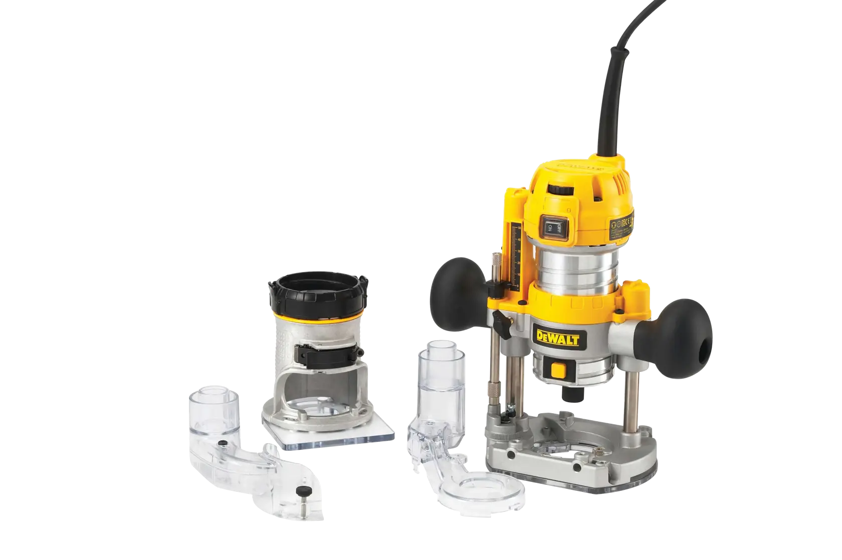 DEWALT D26204K Fräserset mit Zubehör auf weißem Hintergrund.