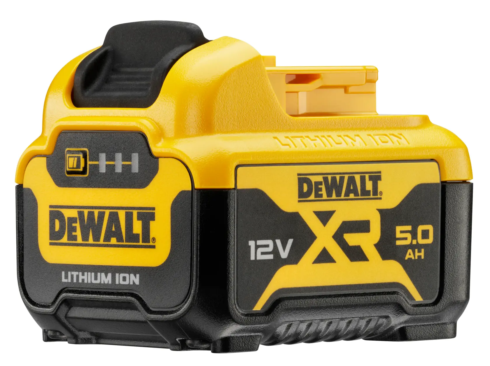 Batterie DeWalt XR lithium-ion 12V, capacité 5,0Ah, jaune et noire, design compact pour outils sans fil.