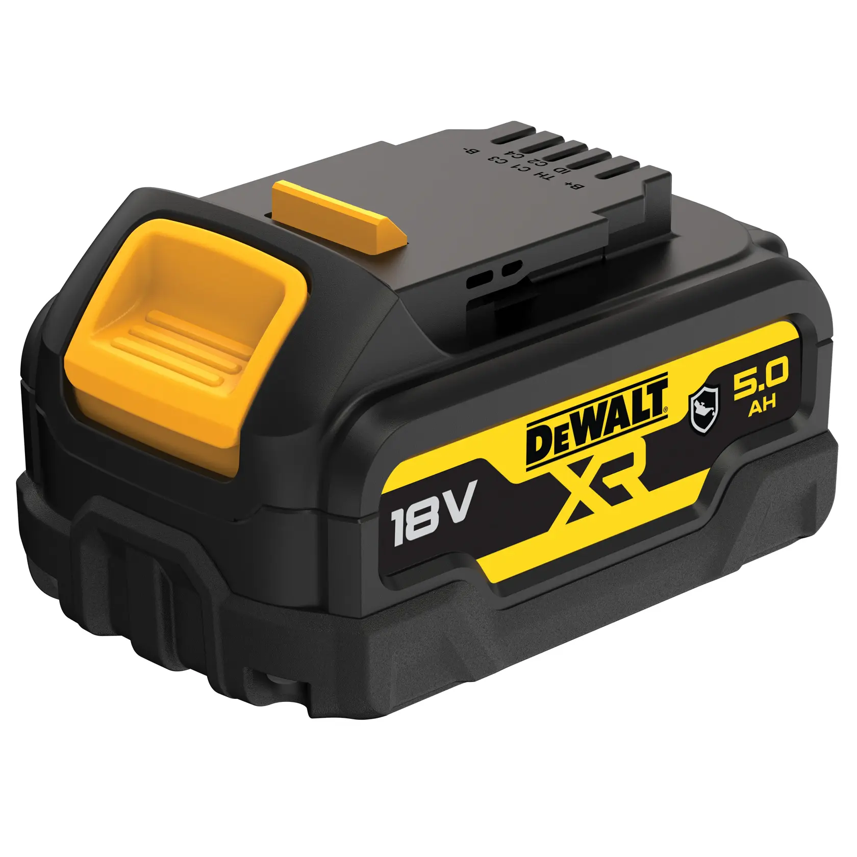 Batería recargable DEWALT XR 18V 5,0Ah para herramientas eléctricas, con diseño negro y amarillo y logotipo en el lateral.