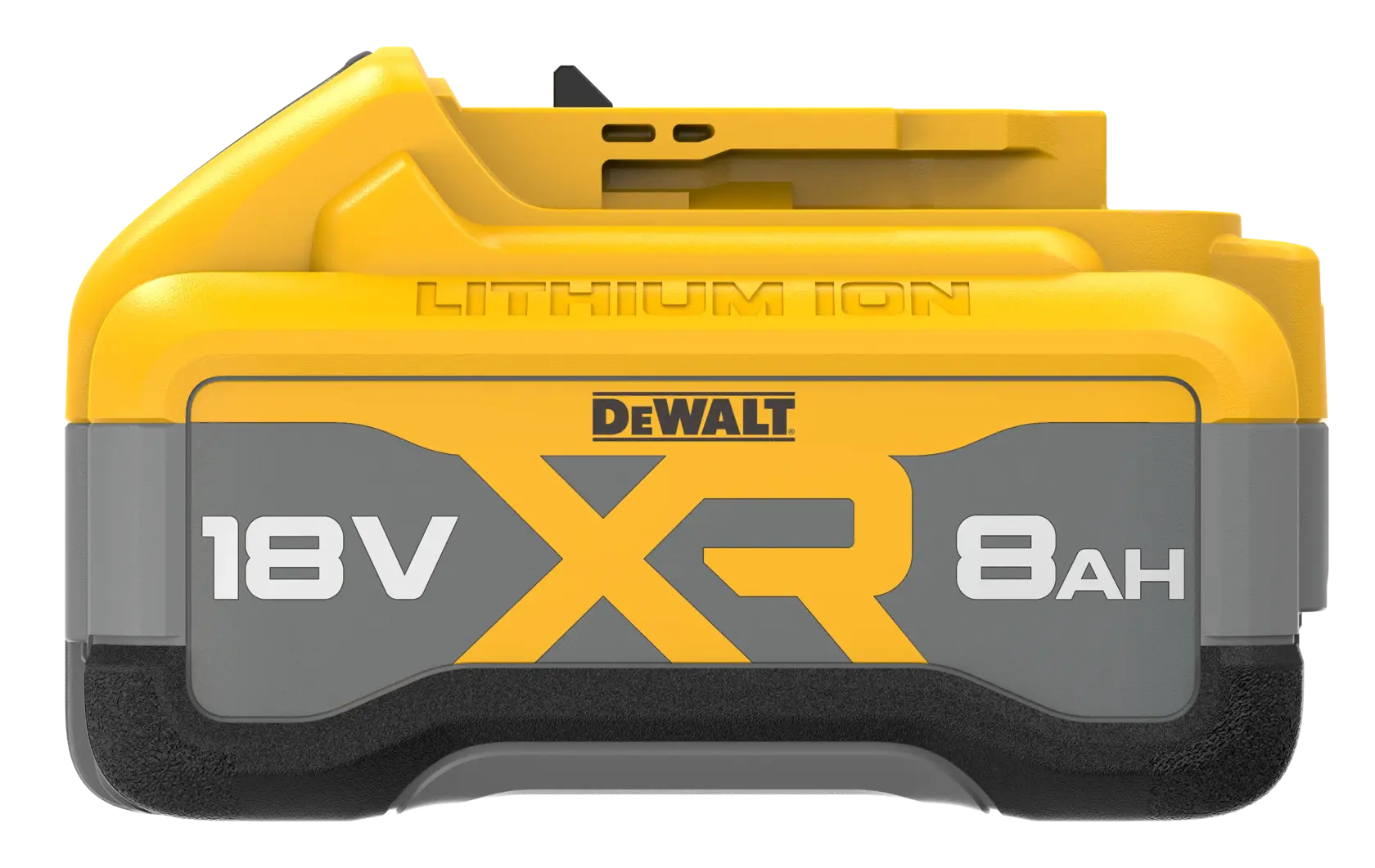 Batería de litio DEWALT 18V XR 8Ah para herramientas, amarilla y gris, vista frontal.