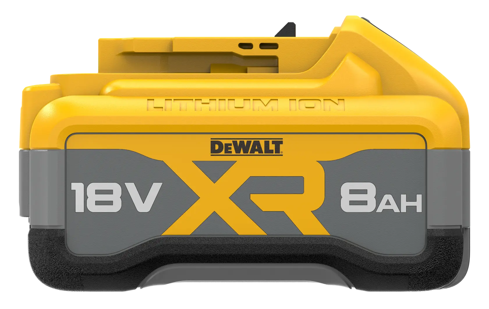 Batería DEWALT 18V XR 8Ah de litio, amarilla y gris, vista frontal.