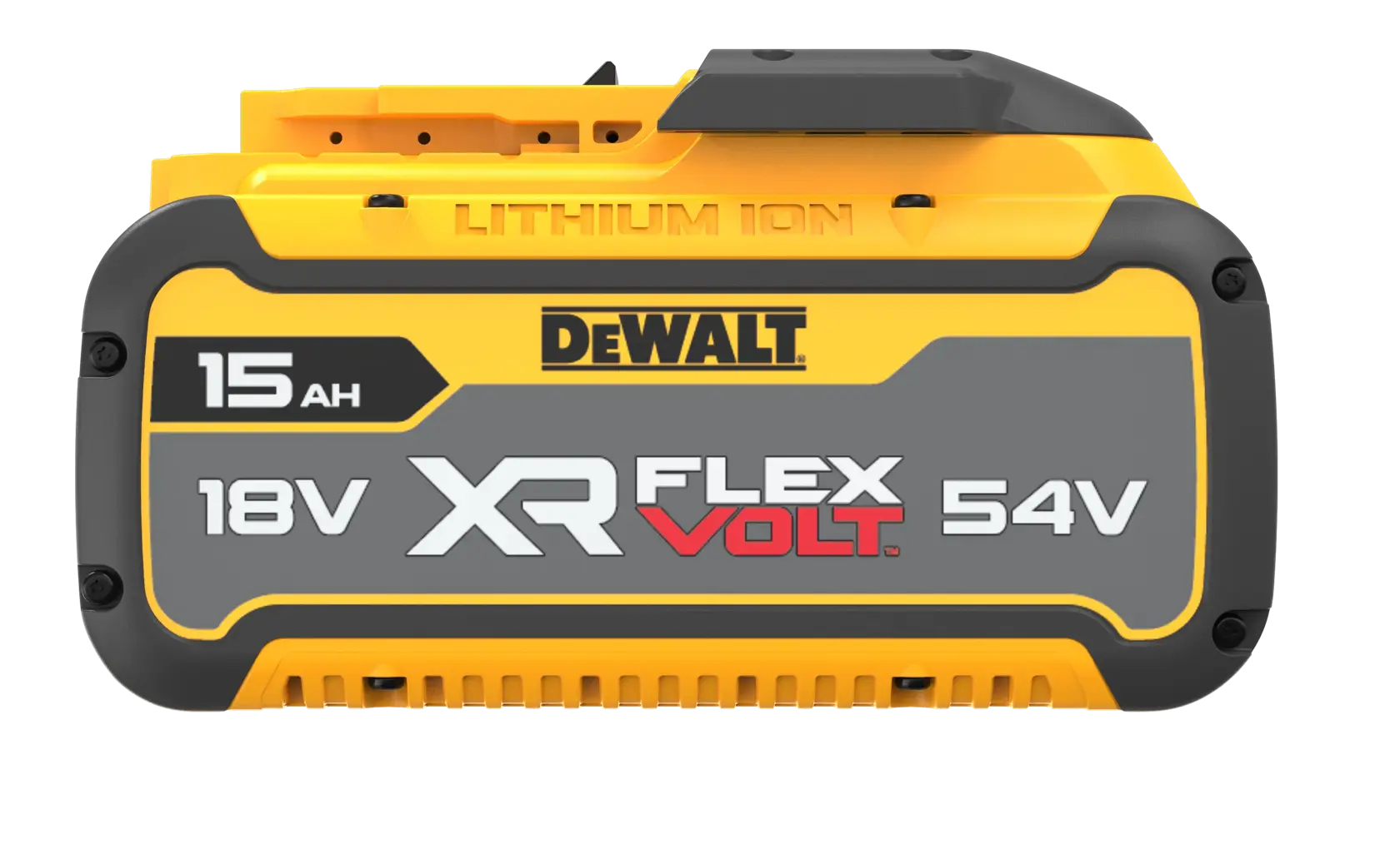 Batterie DEWALT XR FLEXVOLT lithium-ion, 15Ah, 18V/54V. Jaune et grise avec logo.