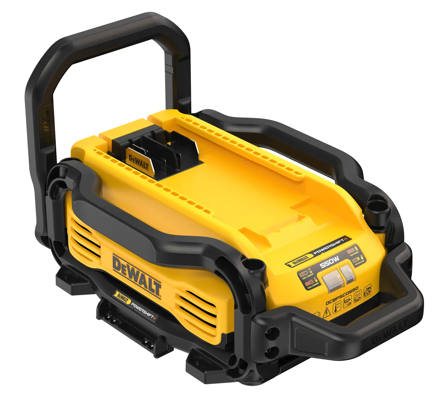 DEWALT DCBPSC0550 station d’alimentation portable jaune et noire avec poignée et logement batterie.