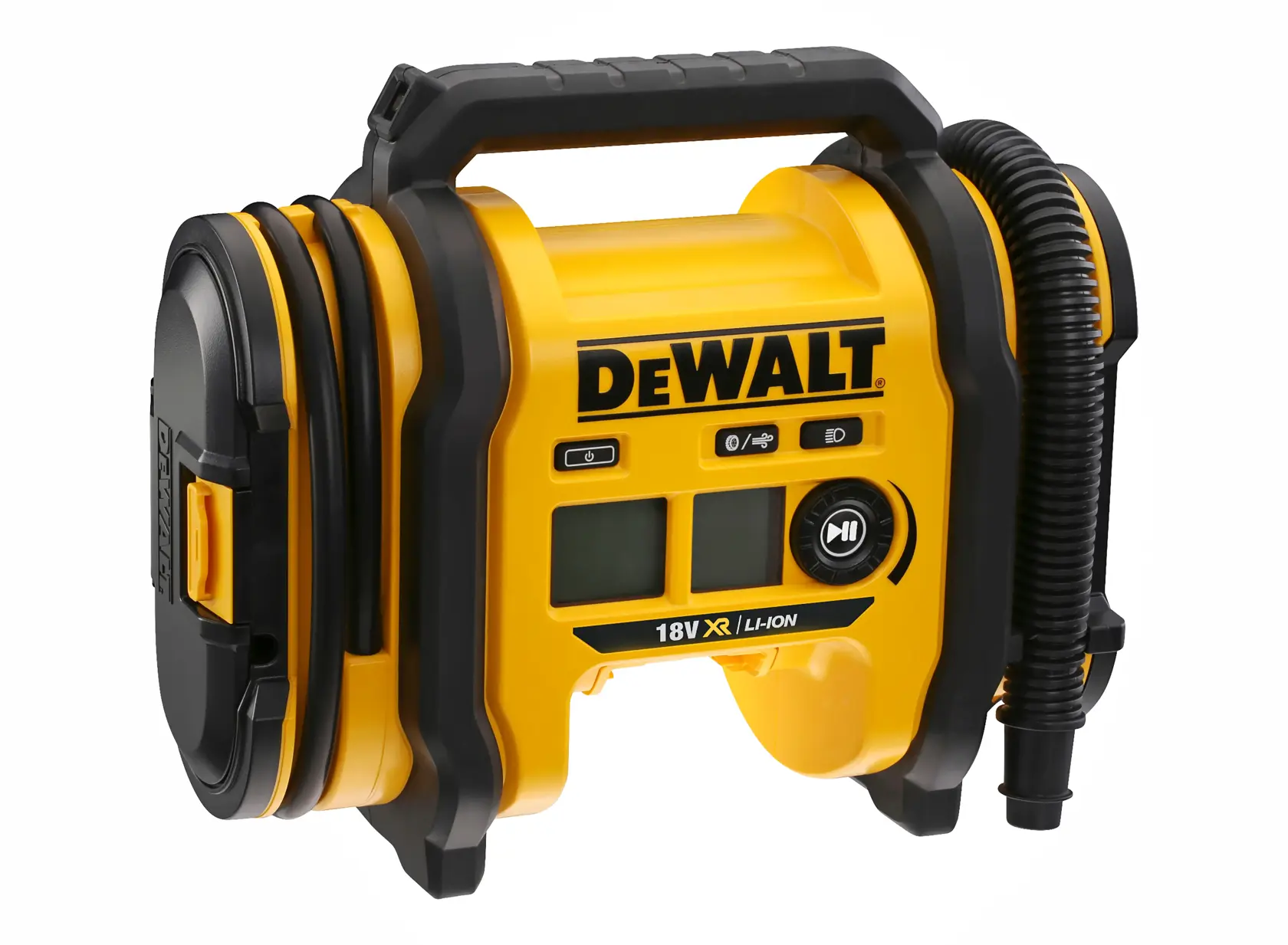Un compresseur d'air portable DEWALT 18V XR Li-Ion avec une poignée, un écran numérique et un tuyau, présenté sur fond blanc.