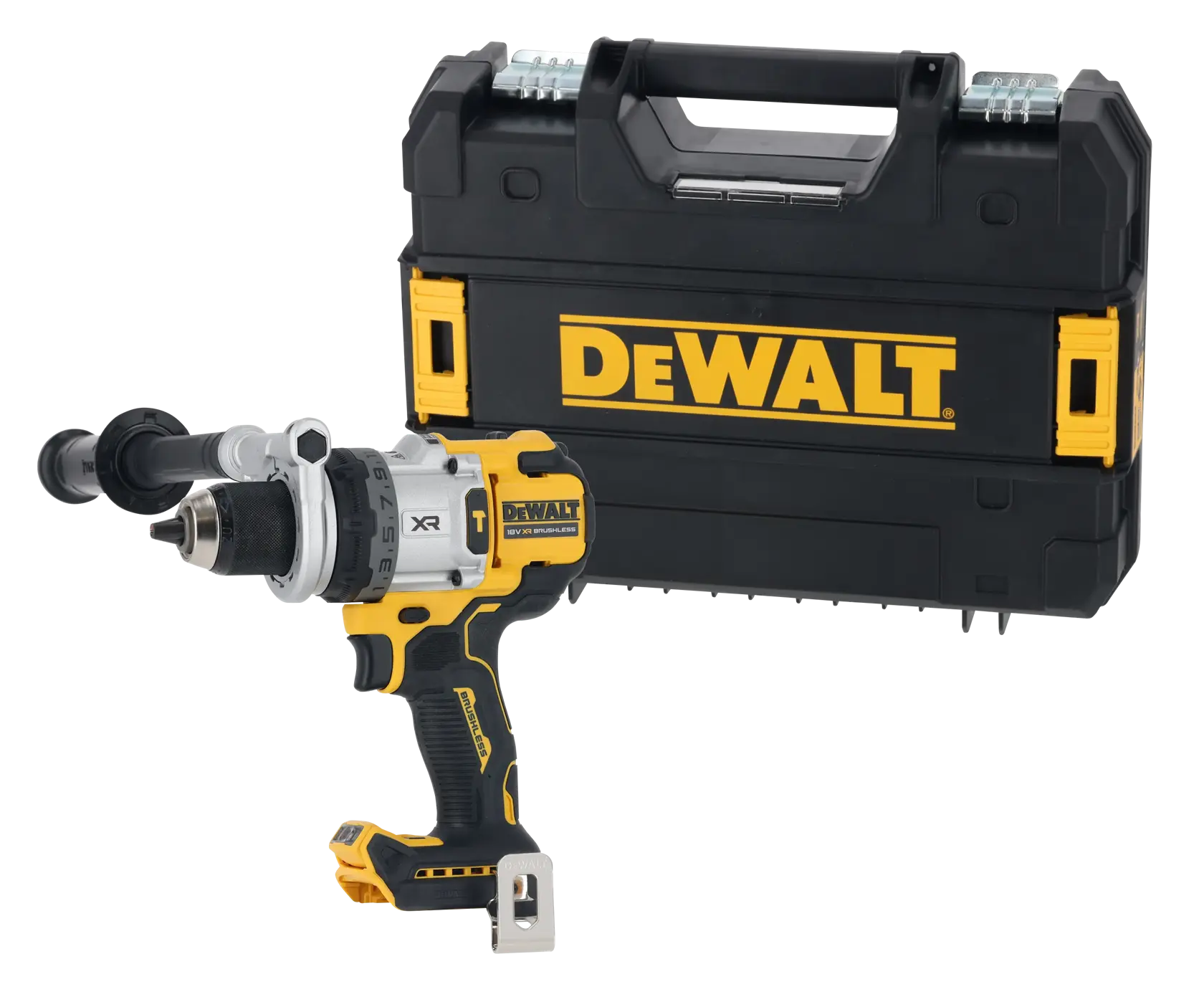 Perceuse et mallette DEWALT. Catégorie photographie. SKUs : DCD1007NT, DCZ607X2-XE.