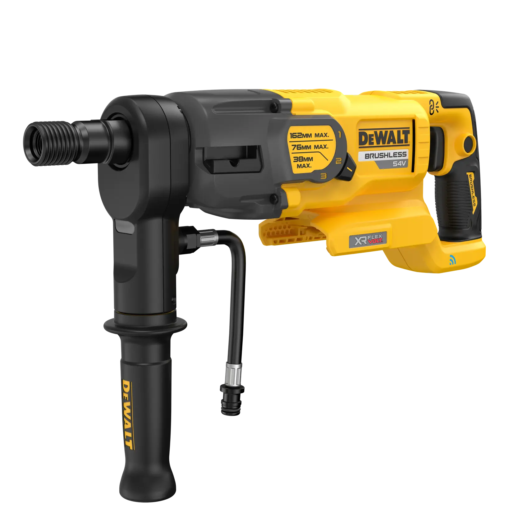 Perceuse DEWALT DCD150NK sans balais avec poignée et connecteur, jaune et noir.