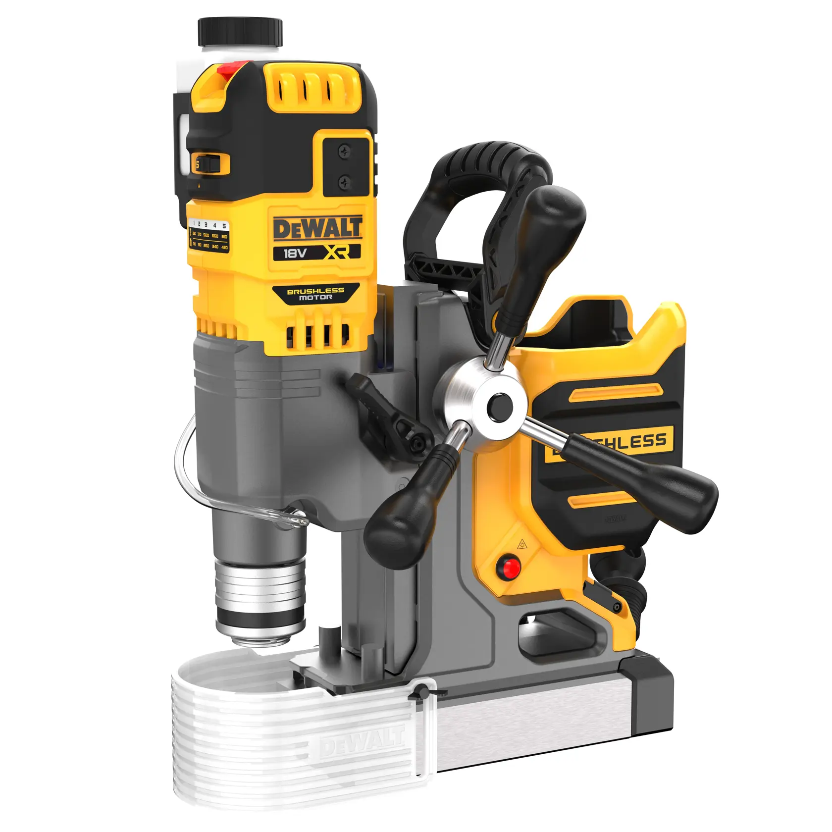 Perceuse magnétique DEWALT 18V sans fil et moteur brushless, jaune et noire, sur fond blanc.