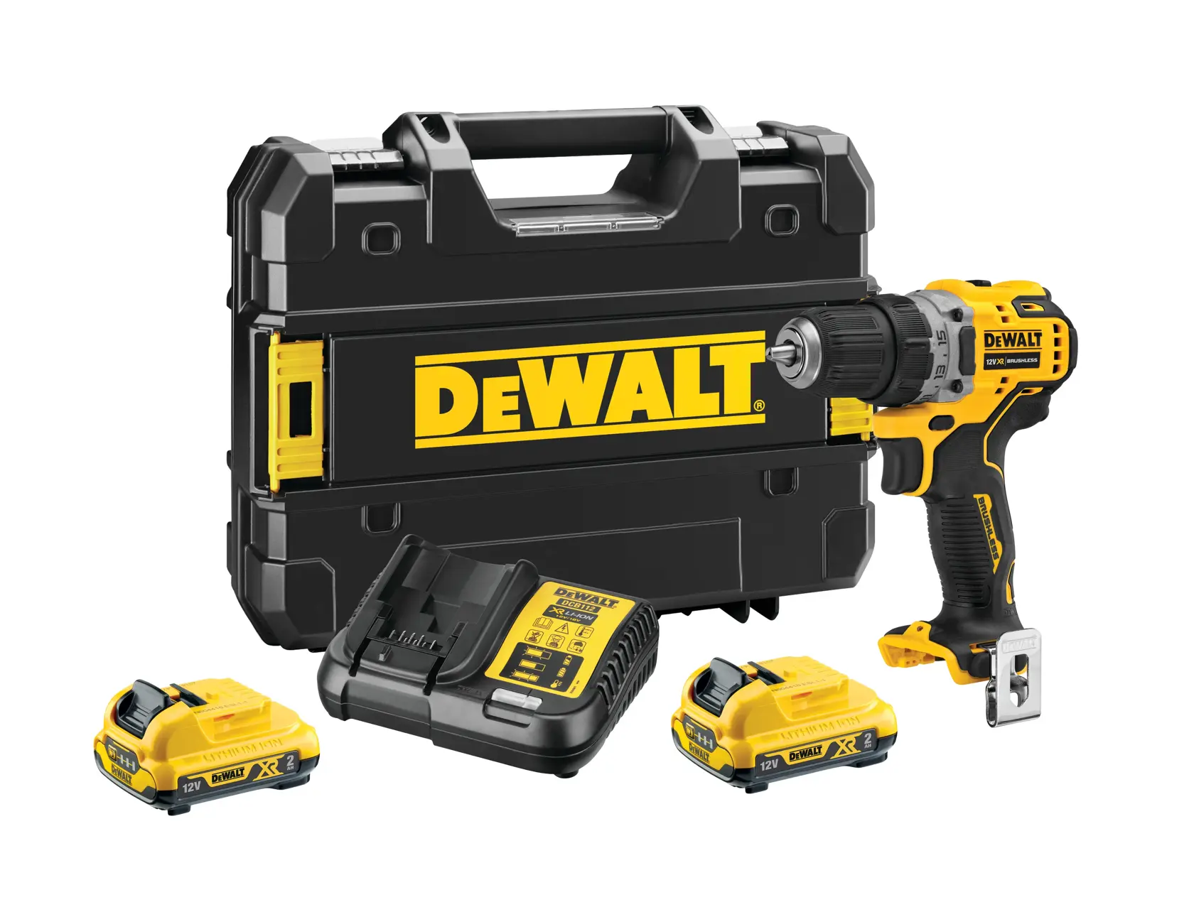 Kit de perceuse sans fil DEWALT comprenant une perceuse noire et jaune, deux batteries rechargeables, un chargeur de batterie et une mallette de transport noire robuste avec le logo DEWALT.