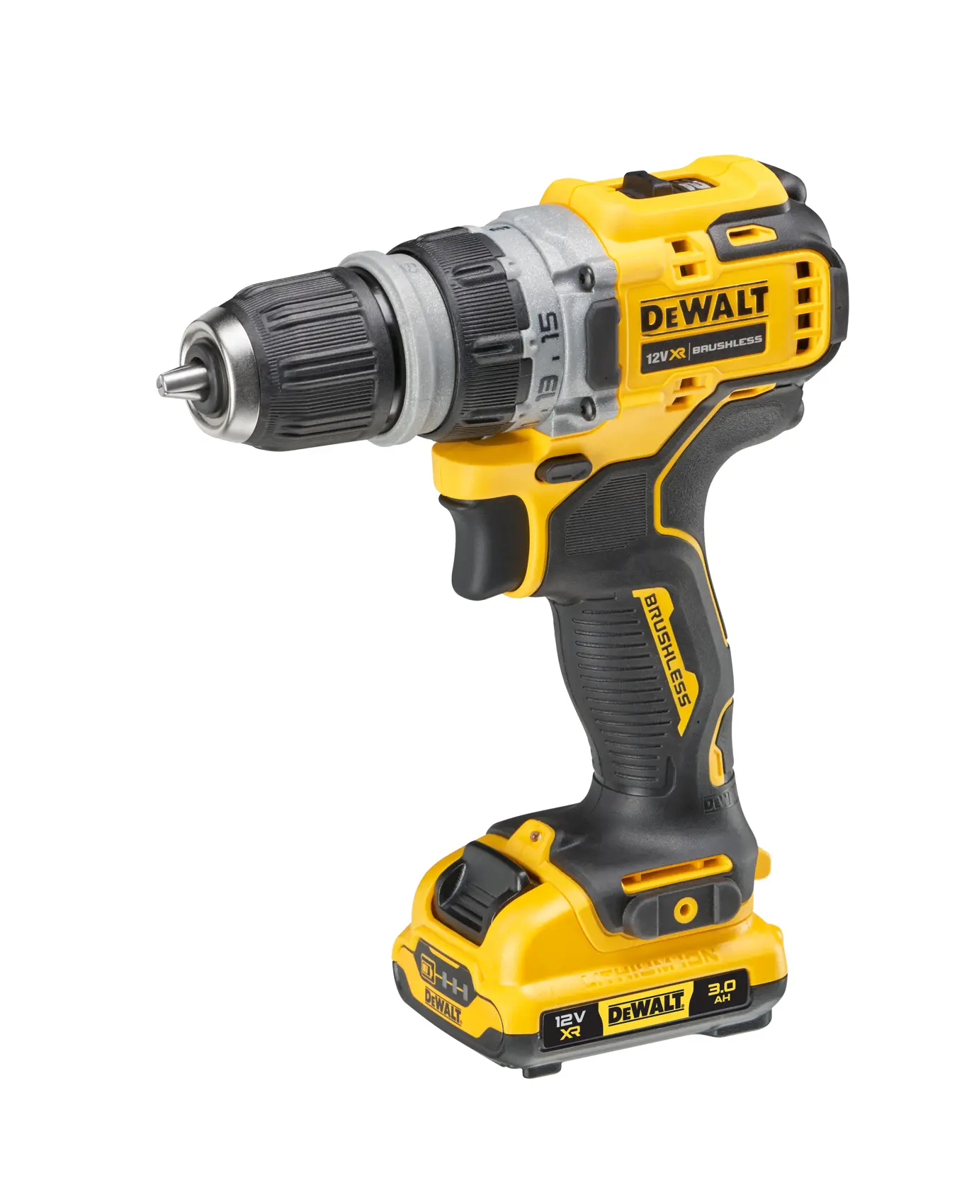 Perceuse DEWALT sans fil, moteur brushless jaune et noir, batterie 12V, sur fond blanc.