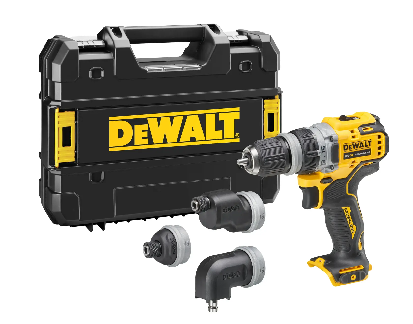 Perceuse-visseuse DEWALT sans fil, jaune et noire, poignée ergonomique, brushless, sans batterie.