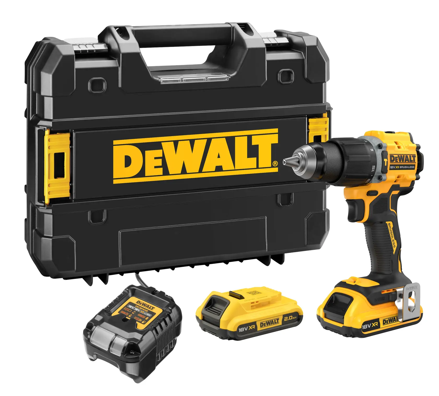 Kit de perceuse DEWALT avec mallette noire, batterie 18V, chargeur et perceuse sans fil.