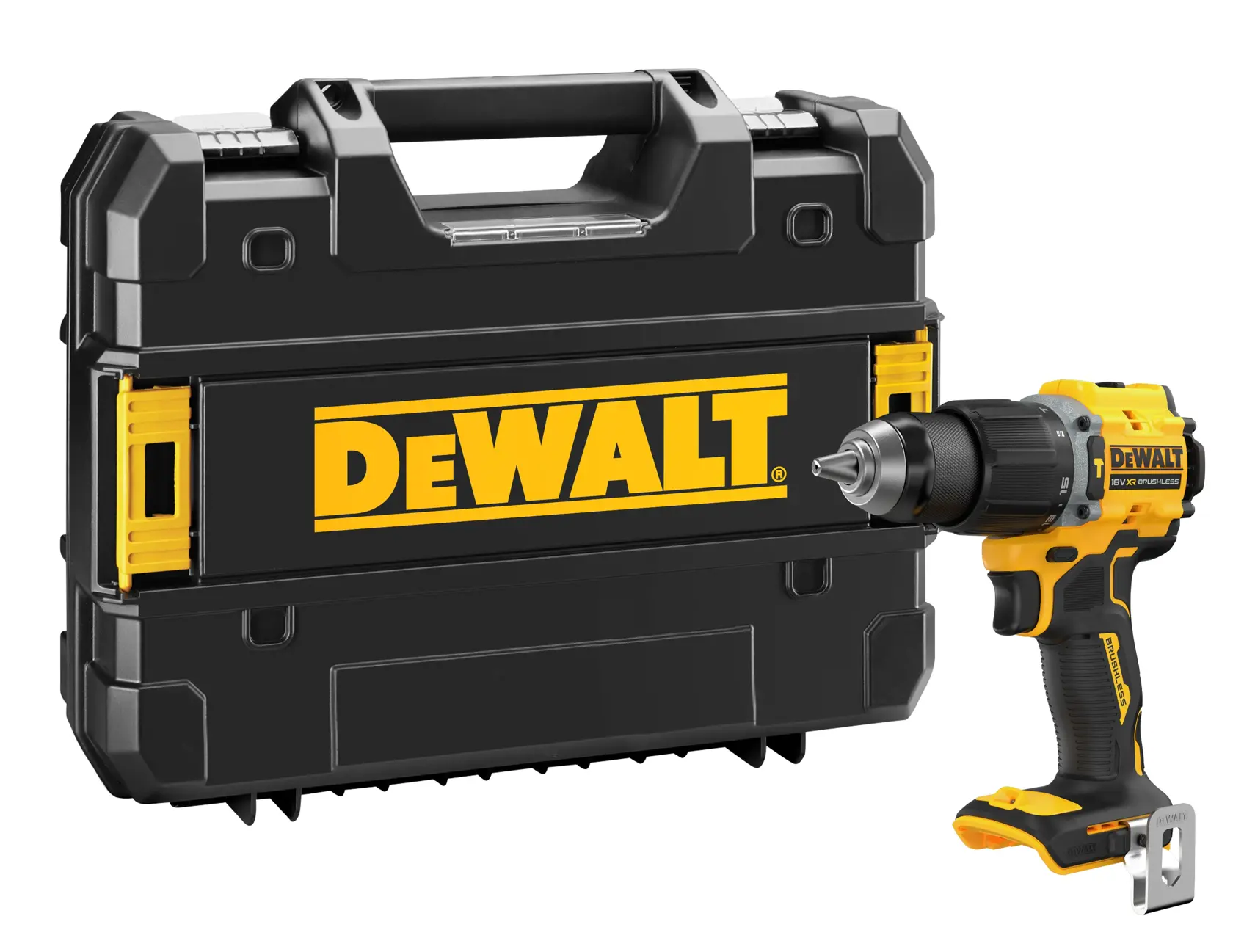 Perceuse sans fil DEWALT avec valise noire, détails jaunes et logo DEWALT visible sur la boîte.