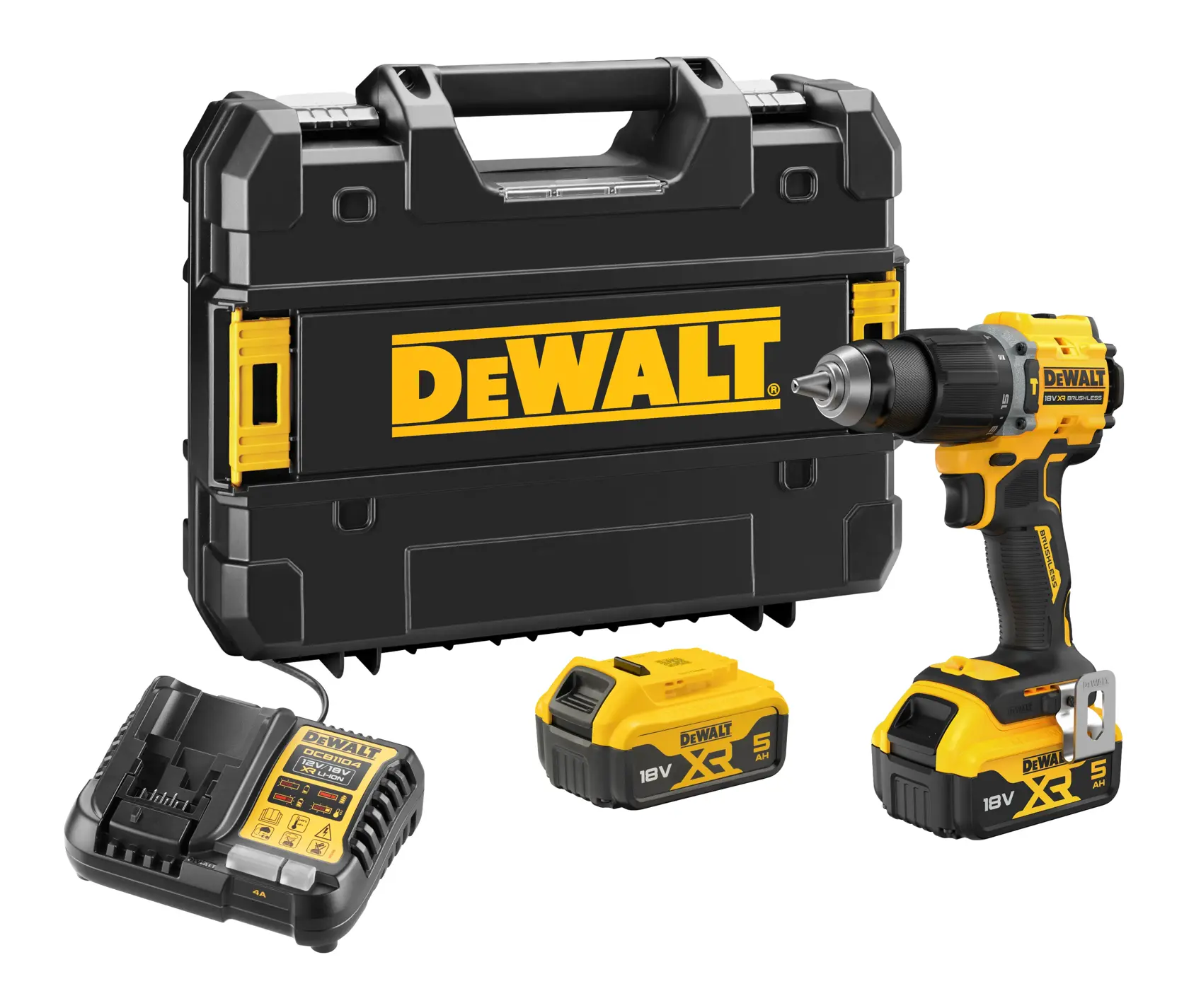 Kit de perceuse DEWALT avec valise, deux batteries 18V, chargeur et perceuse sans fil jaune et noire.