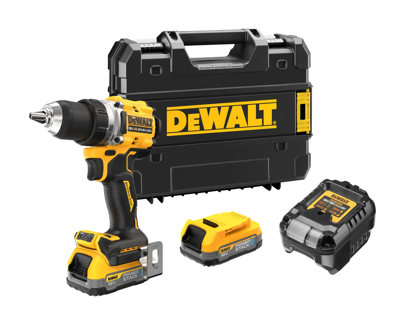 Kit perceuse sans fil DEWALT avec coffret, deux batteries et chargeur sur fond blanc.