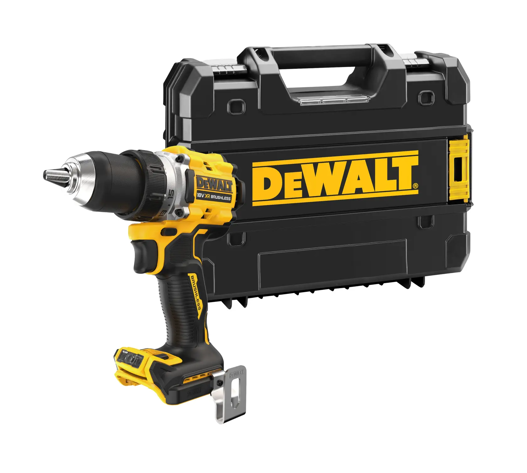 Perceuse sans fil DEWALT DCD800NT avec mallette noire, présentée sur fond blanc.