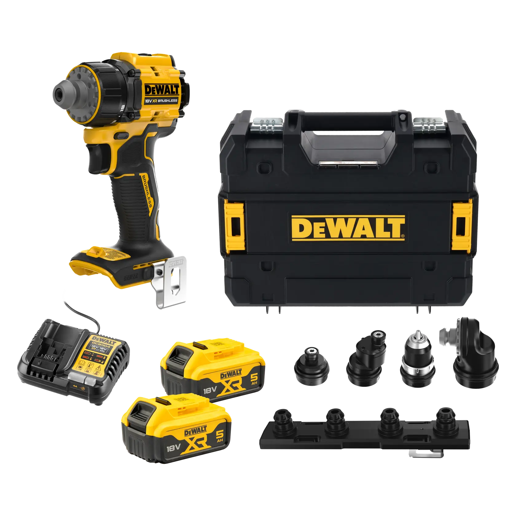 DEWALT Set, Kategorie Fotografie, SKUs DCD803P2T-QW und DCD803P2T, Akkus, Ladegerät, Koffer, Aufsätze.