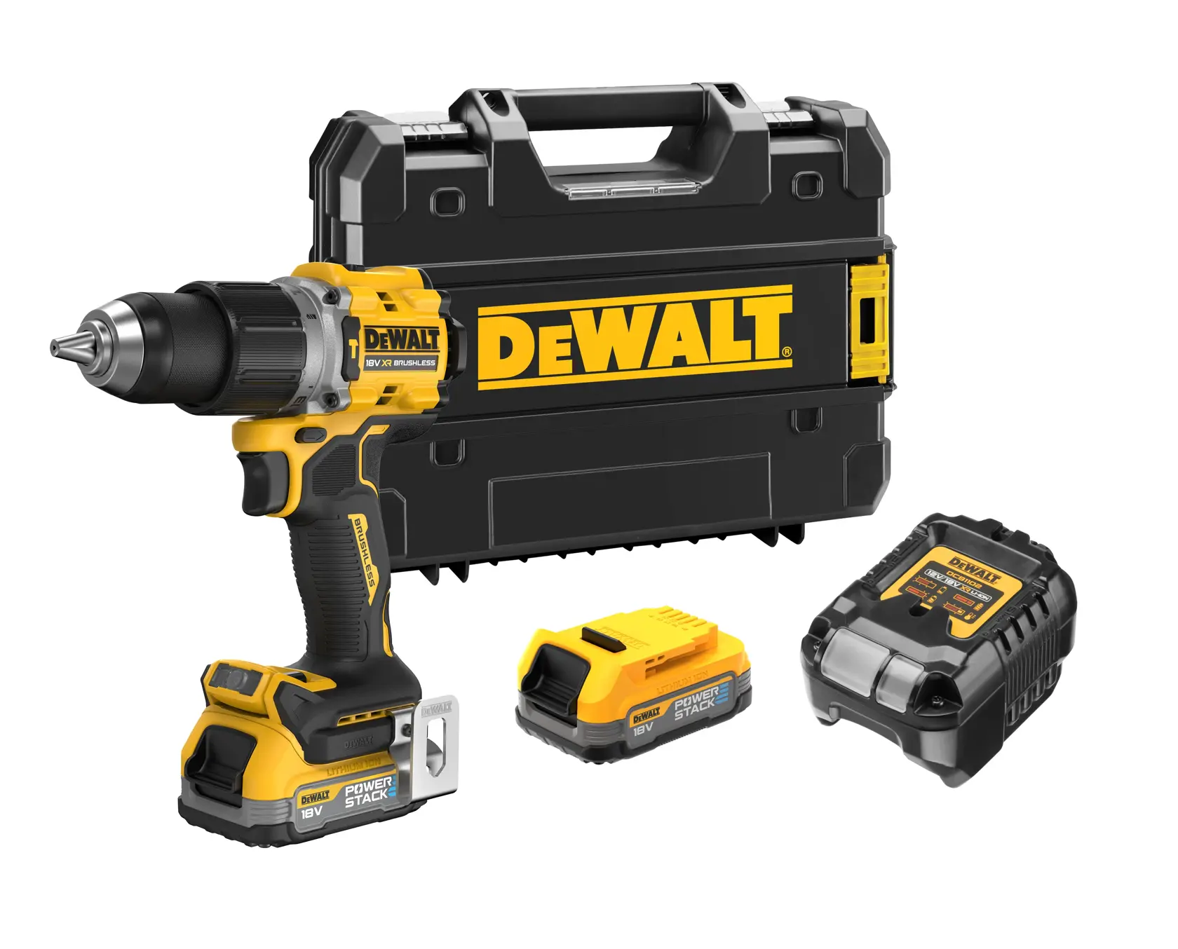 Kit de perceuse DEWALT sans fil avec batterie, chargeur et valise robuste, en jaune et noir.