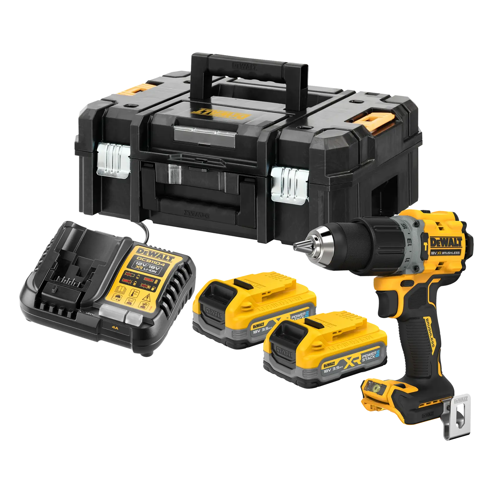 Ein DEWALT Akku-Bohrmaschinen-Set bestehend aus einer gelb-schwarzen Bohrmaschine, zwei wiederaufladbaren Batterien, einem Batterieladegerät und einem schwarzen Hartplastik-Werkzeugkasten.