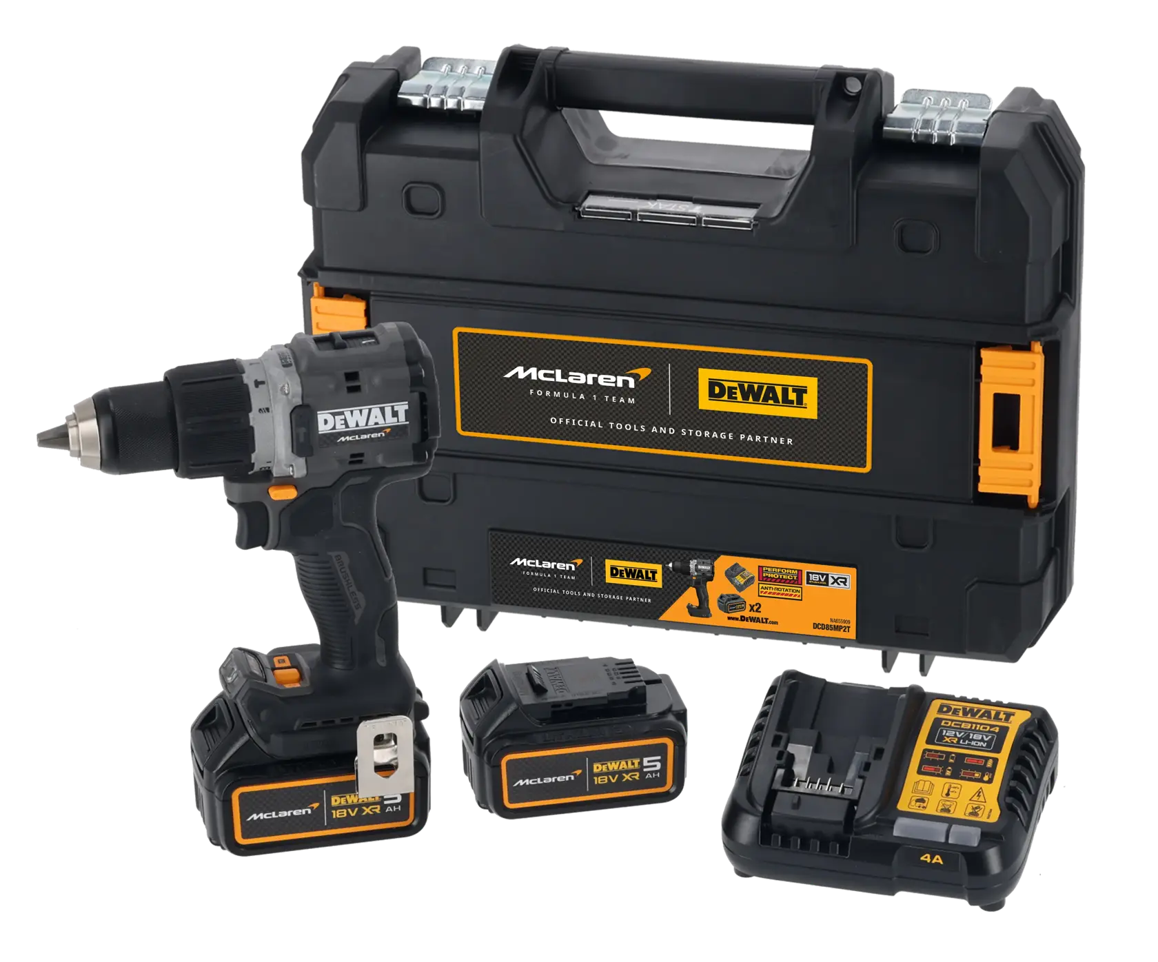 Un ensemble de perceuse sans fil DEWALT comprenant une perceuse noire et grise, deux batteries lithium-ion 18V XR, un chargeur de batterie et une mallette de transport noire robuste avec la marque McLaren.