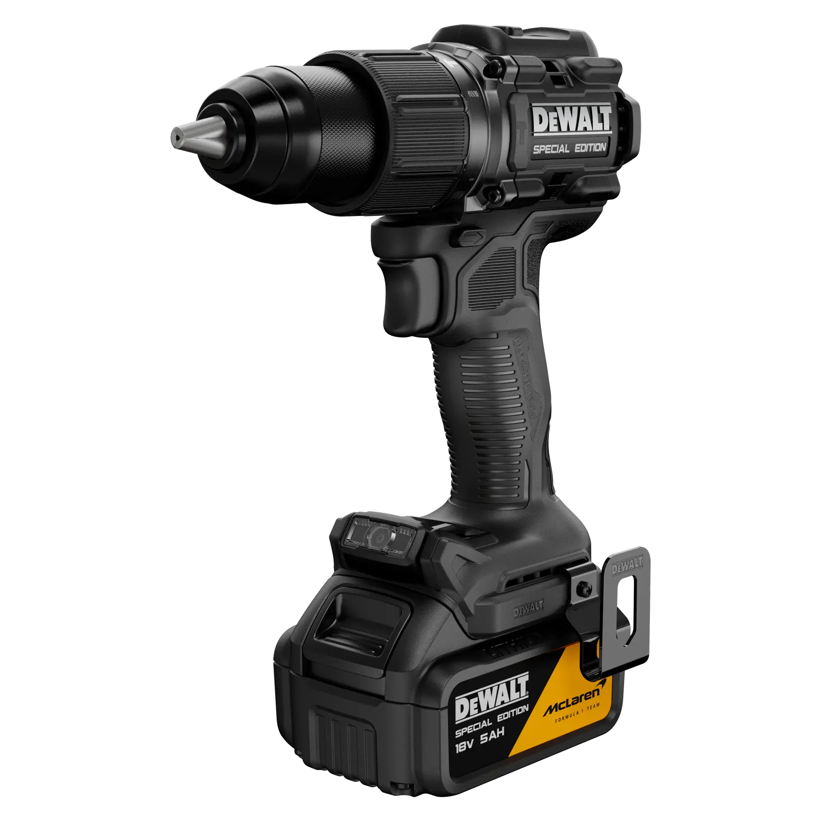 DEWALT Akkubohrer, Sonderedition mit 18V 5Ah Akku und McLaren-Branding, schwarz-gelb.