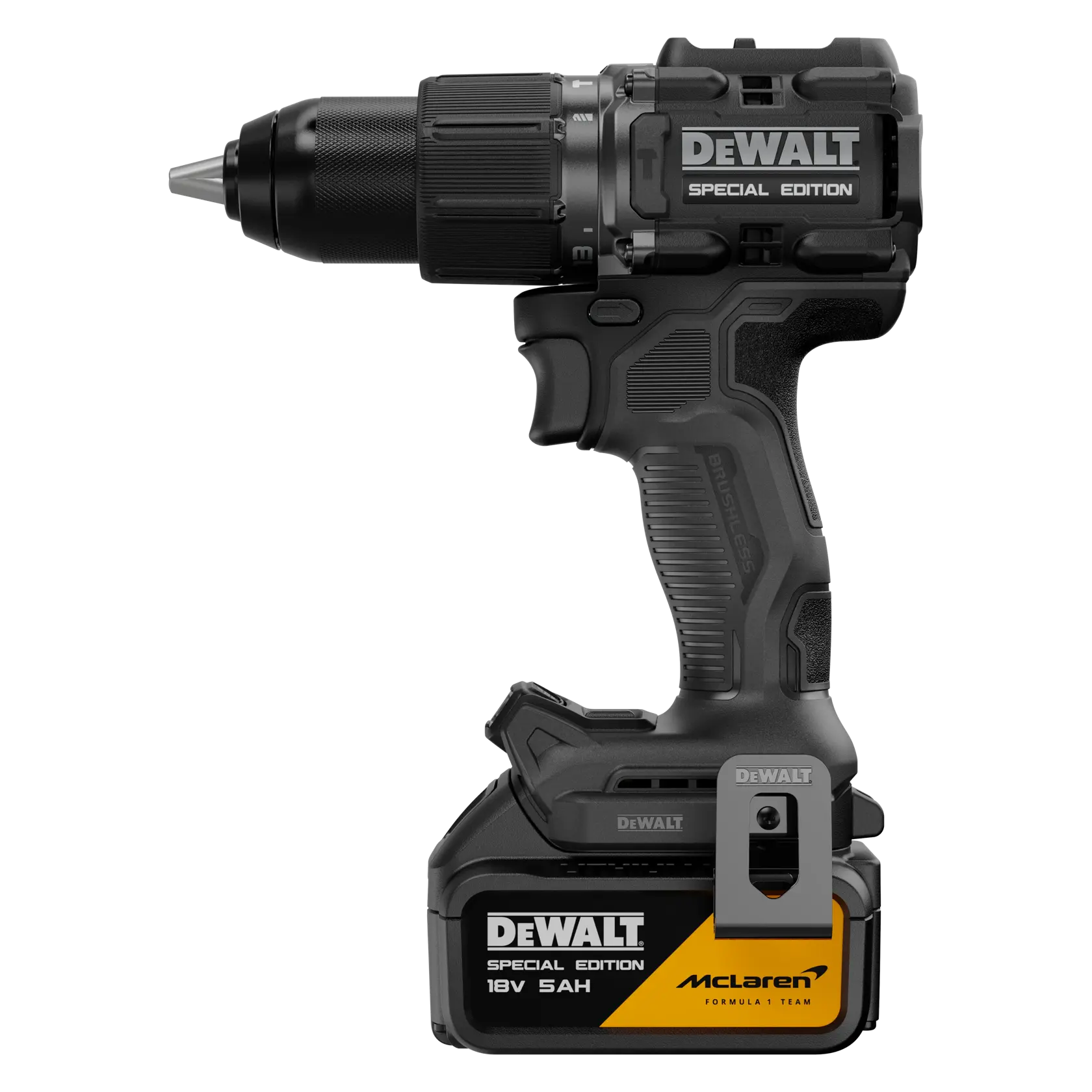 Herramienta DEWALT fotografía DCD86MP2T-QW, DCD86MP2T Special Edition, 18V McLaren, vista lateral.