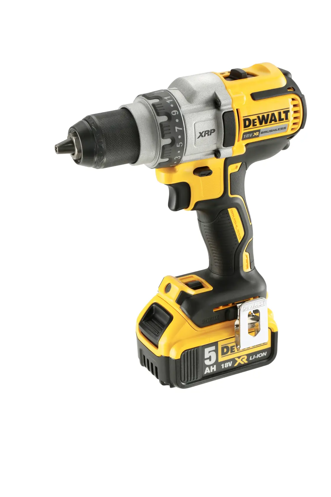Perceuse sans fil DEWALT, modèle DCD991P2, au corps jaune et noir avec une batterie 18V XR Li-Ion 5Ah attachée.