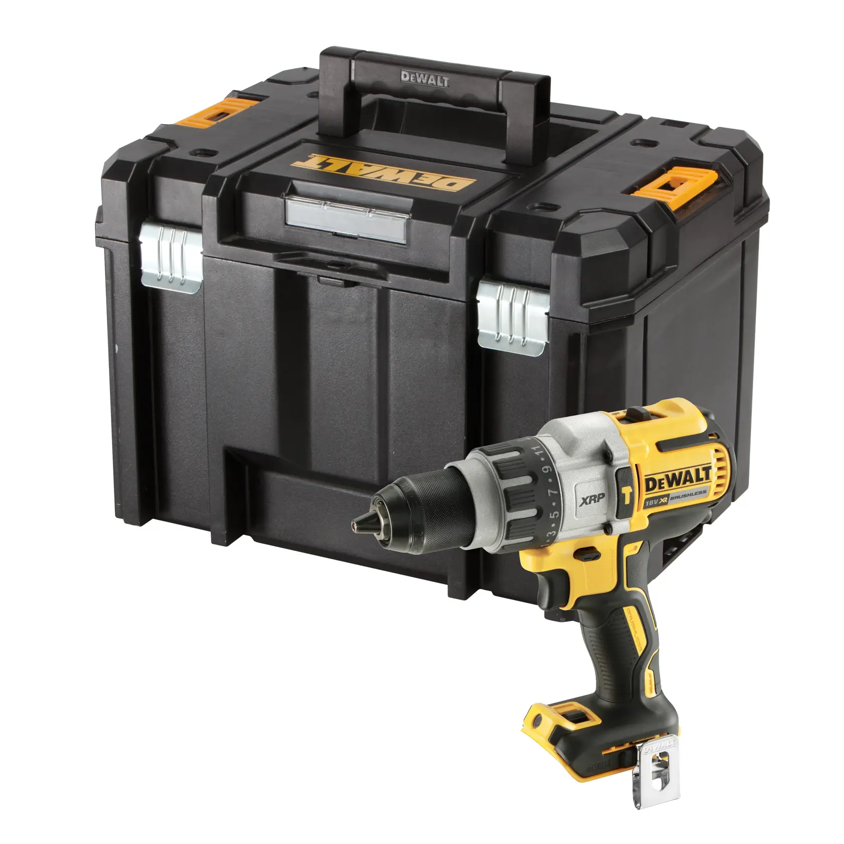 Perceuse sans fil DEWALT et boîte à outils noire. Design compact et robuste pour usage professionnel.