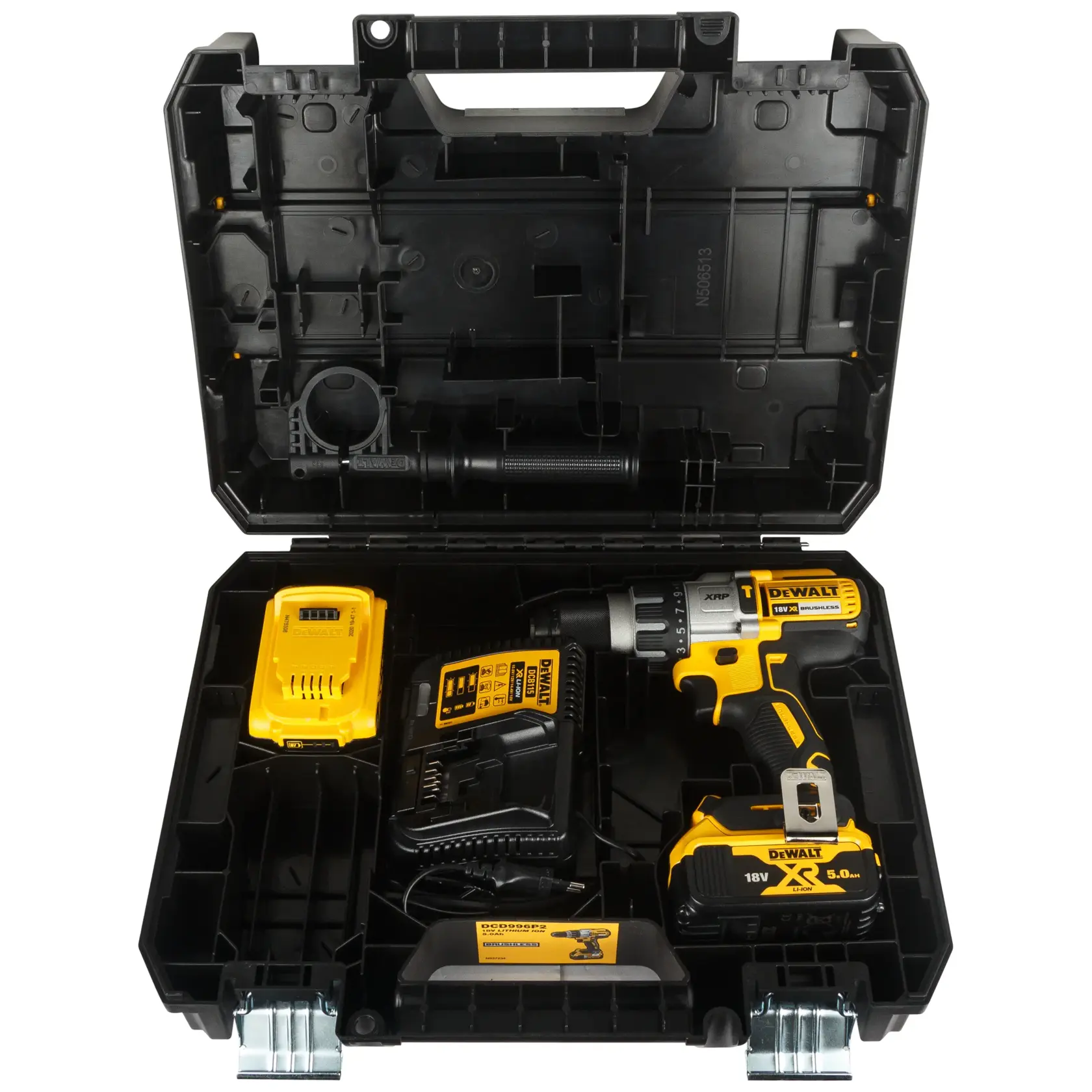 Kit DEWALT avec perceuse, SKUs DCD996P2 et DCD996P2-QW, chargeur et batterie. Catégorie photographie.