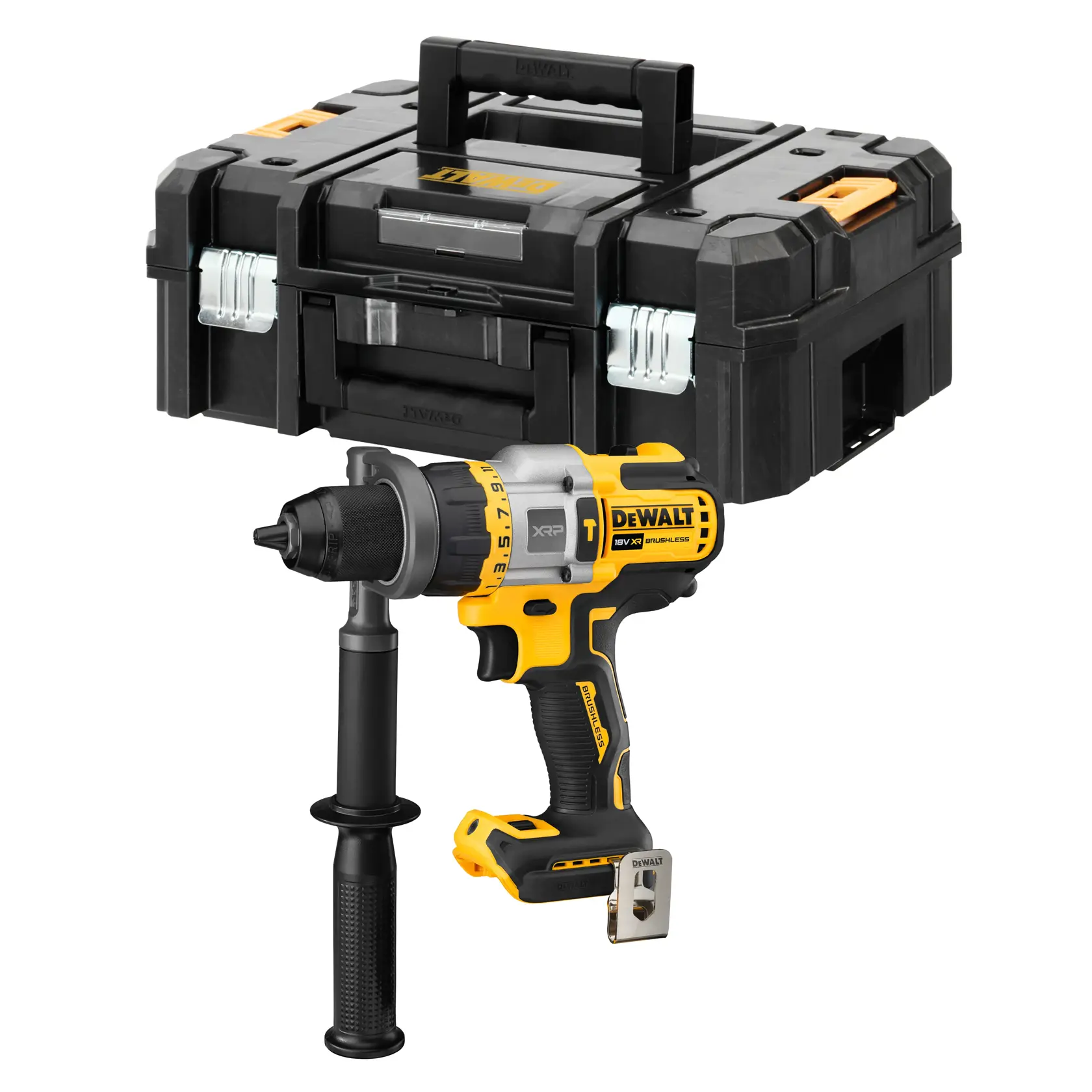 Une perceuse sans fil DEWALT avec une poignée latérale et une mallette de transport rigide en plastique noir et jaune.
