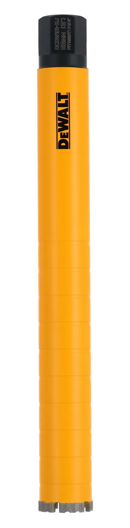 Foret carottier cylindrique jaune DEWALT DCDW101 avec logo, présenté verticalement sur fond blanc.