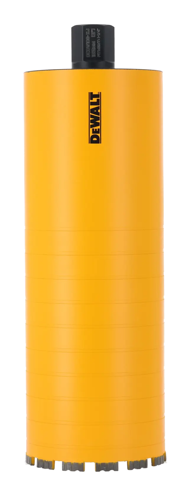 Foret à carottage DEWALT jaune avec connecteur noir, utilisé pour perçage béton.