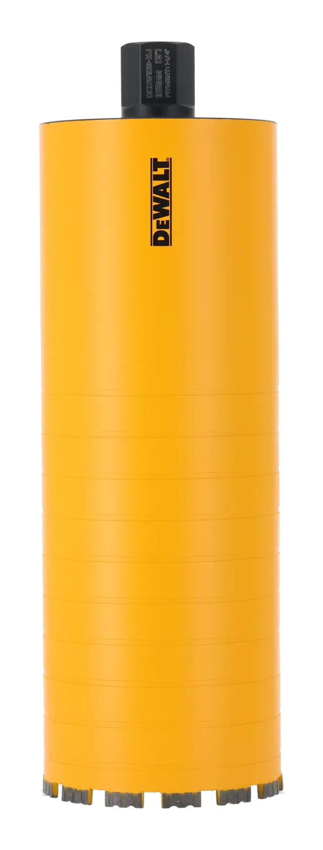 Foret à béton DEWALT jaune avec connecteur noir, vertical, utilisé pour percer du béton.