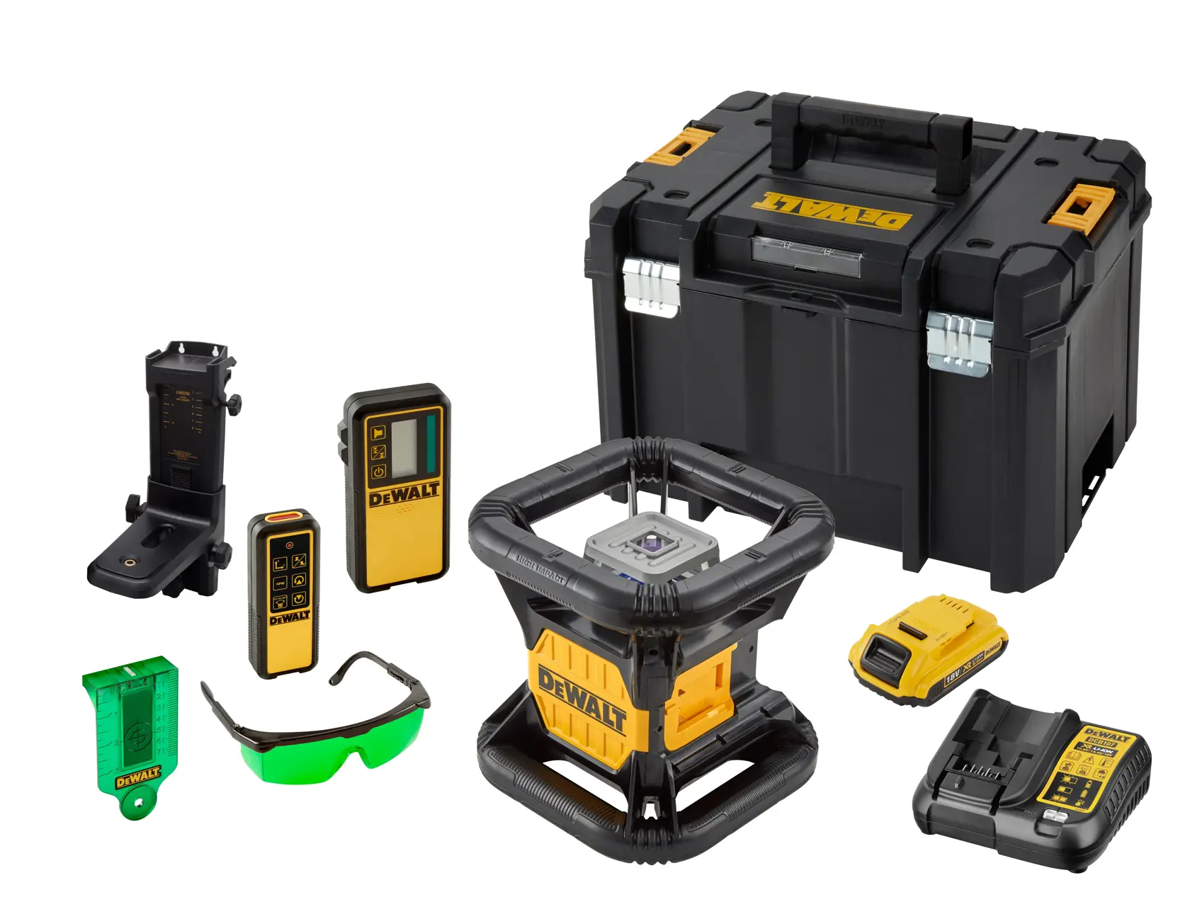 Kit niveau laser DEWALT DCE079D1G avec accessoires, comprenant un appareil laser noir et jaune, une mallette de transport noire, des lunettes de sécurité à verres verts, un support mural, deux télécommandes, une plaque cible, une batterie et un chargeur, le tout disposé sur un fond blanc.