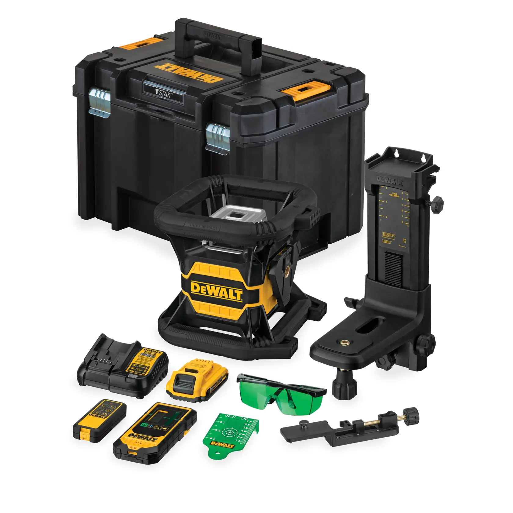 DEWALT Laser-Nivelliergerät-Set mit Koffer, Ladegerät, Akku, Halterung, Detektor und grüner Brille.