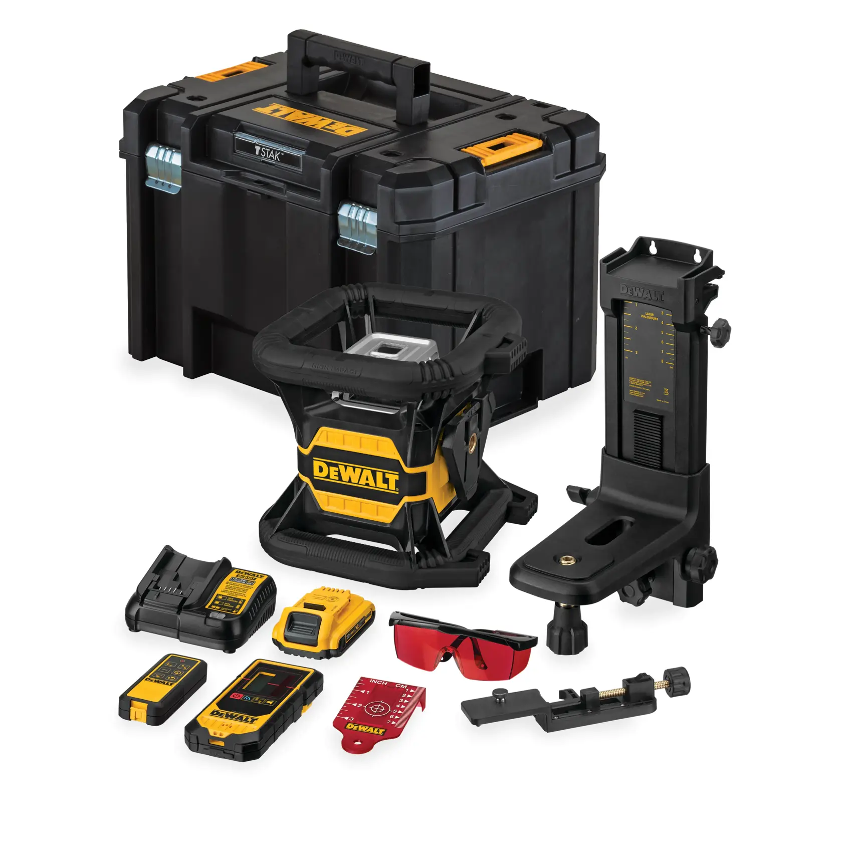 DEWALT Laser-Nivellier-Set mit Koffer, Ladegerät, Akku, Halter, Detektor, Fernbedienung und roten Brillen.