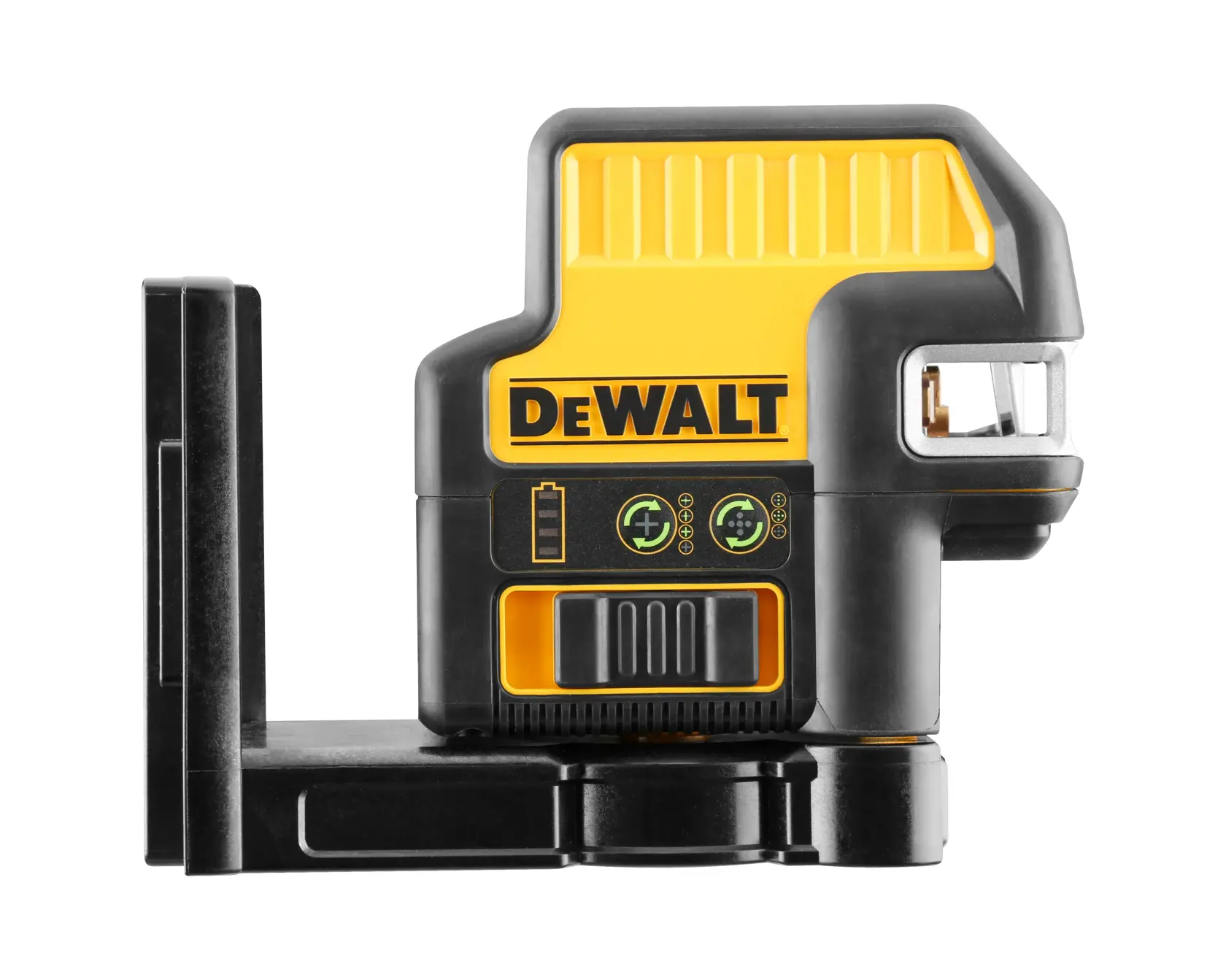 Ein gelbes und schwarzes elektronisches Laser-Nivelliergerät der Marke DEWALT, montiert auf einer schwarzen Basis, entwickelt für präzise Mess- und Ausrichtungsarbeiten.