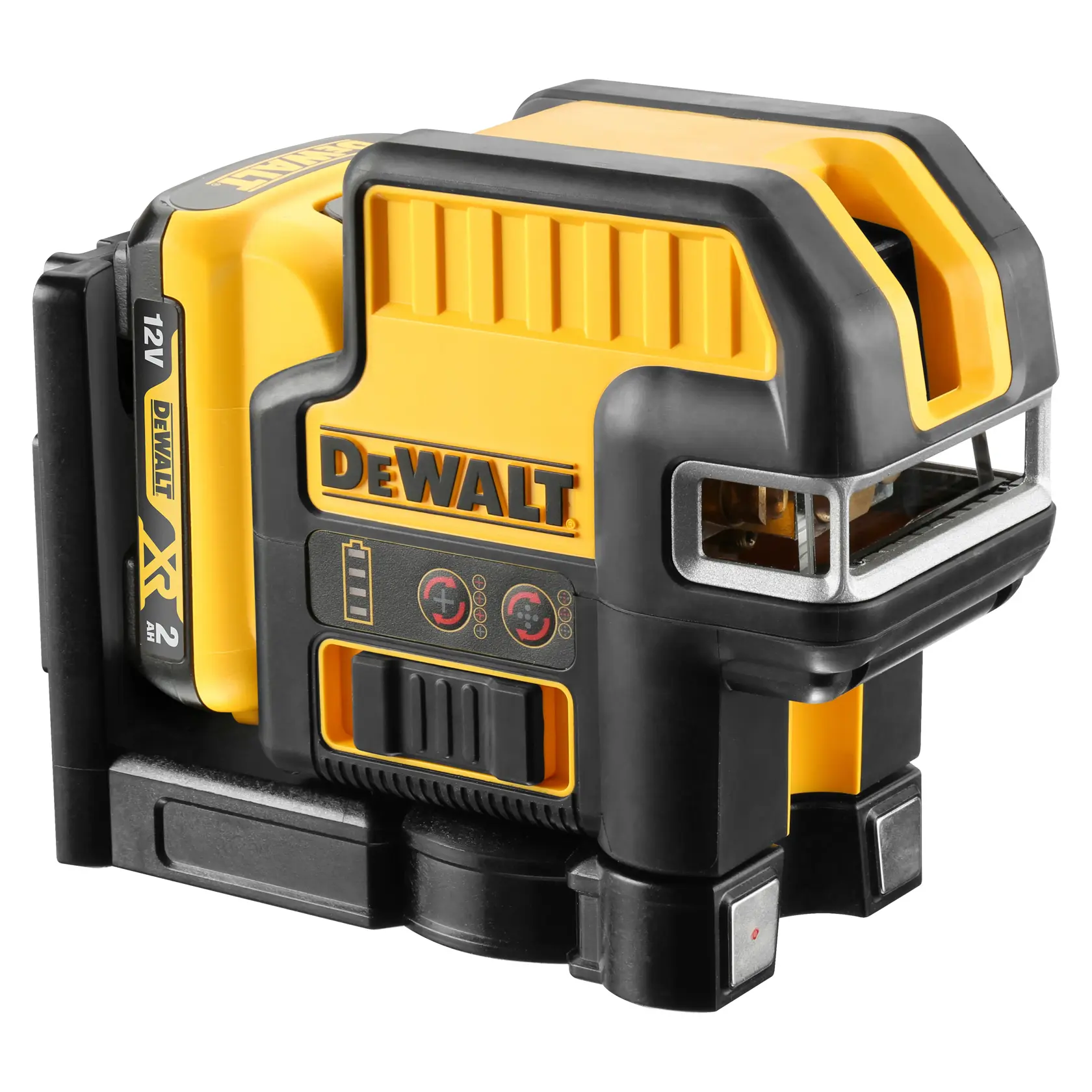 Gelber DEWALT-Laser mit schwarzen Details, Batterieanzeige und Einstellknöpfen.