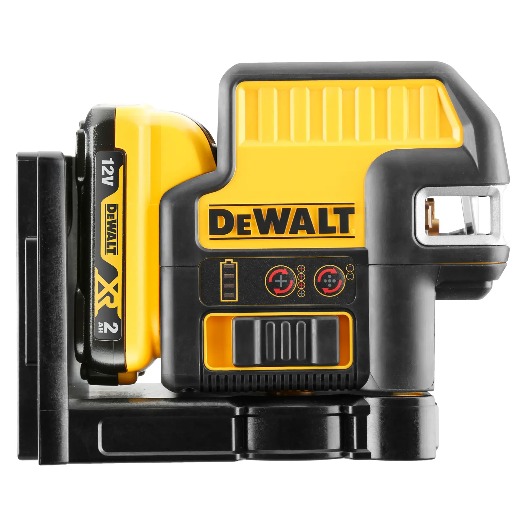 DEWALT DCE0825D1R gelb-schwarzer 12V selbstnivellierender Laser mit Akku, Seitenansicht.