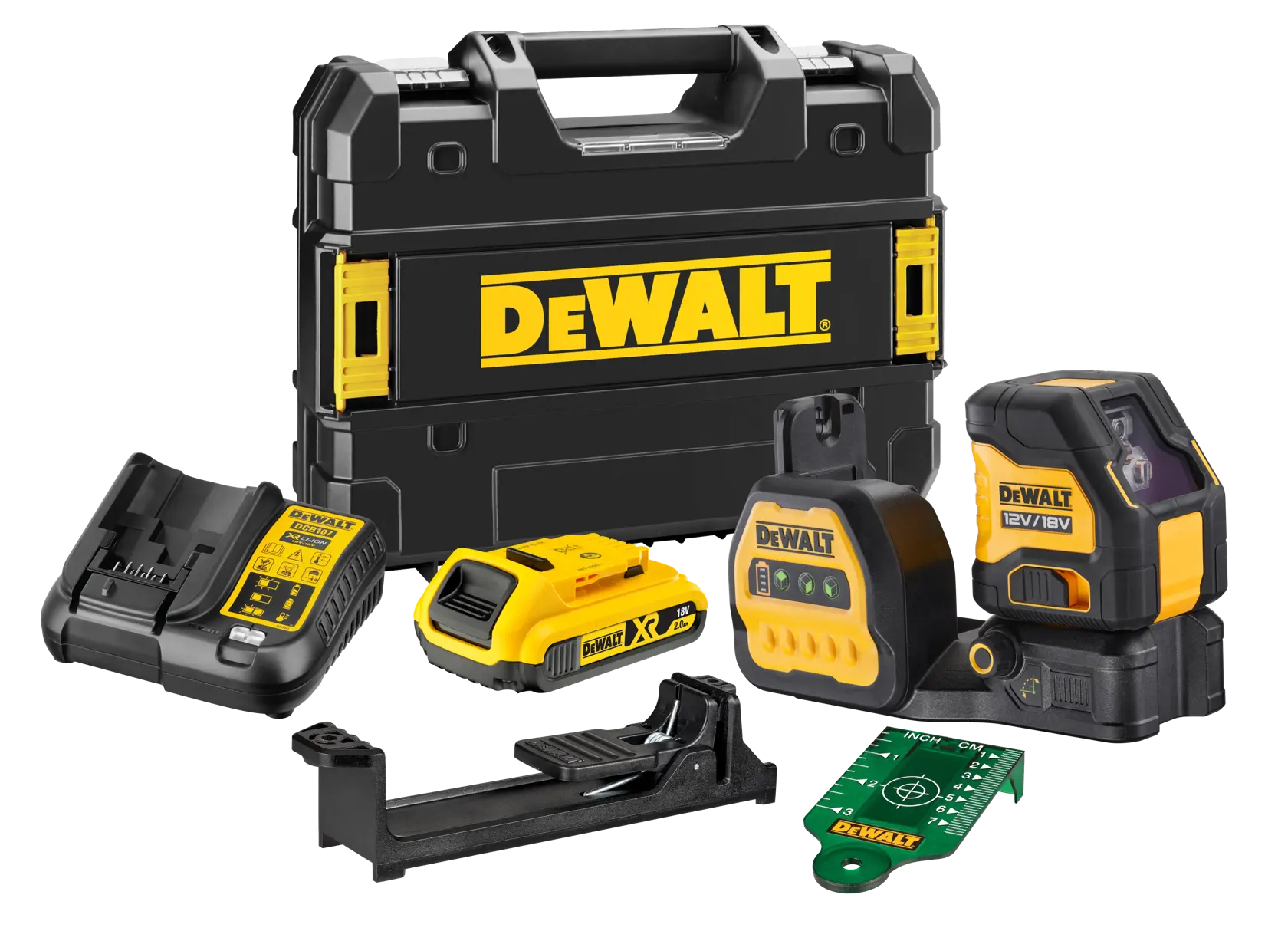 Appareil photo DEWALT, SKUs DCE088D1G18-QW et DCE088D1G18, design jaune et noir.