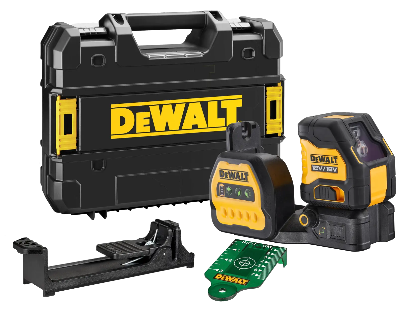 Outil photo DEWALT DCE088NG18-XJ, DCE088NG18. Appareil noir/jaune avec commandes et indicateur batterie.