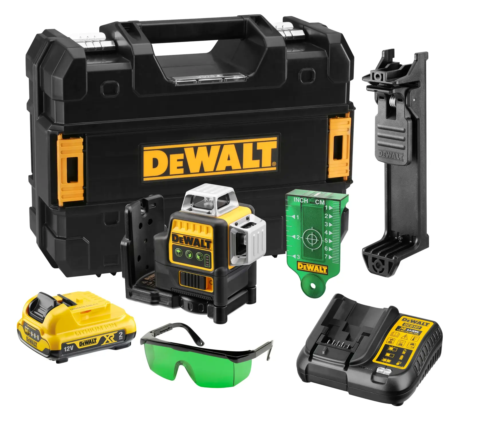 Kit laser à lignes croisées vertes DEWALT 12V, comprenant une mallette de transport, un pack batterie, un appareil laser, un chargeur, un support de fixation, une plaque cible verte et des lunettes de sécurité vertes.