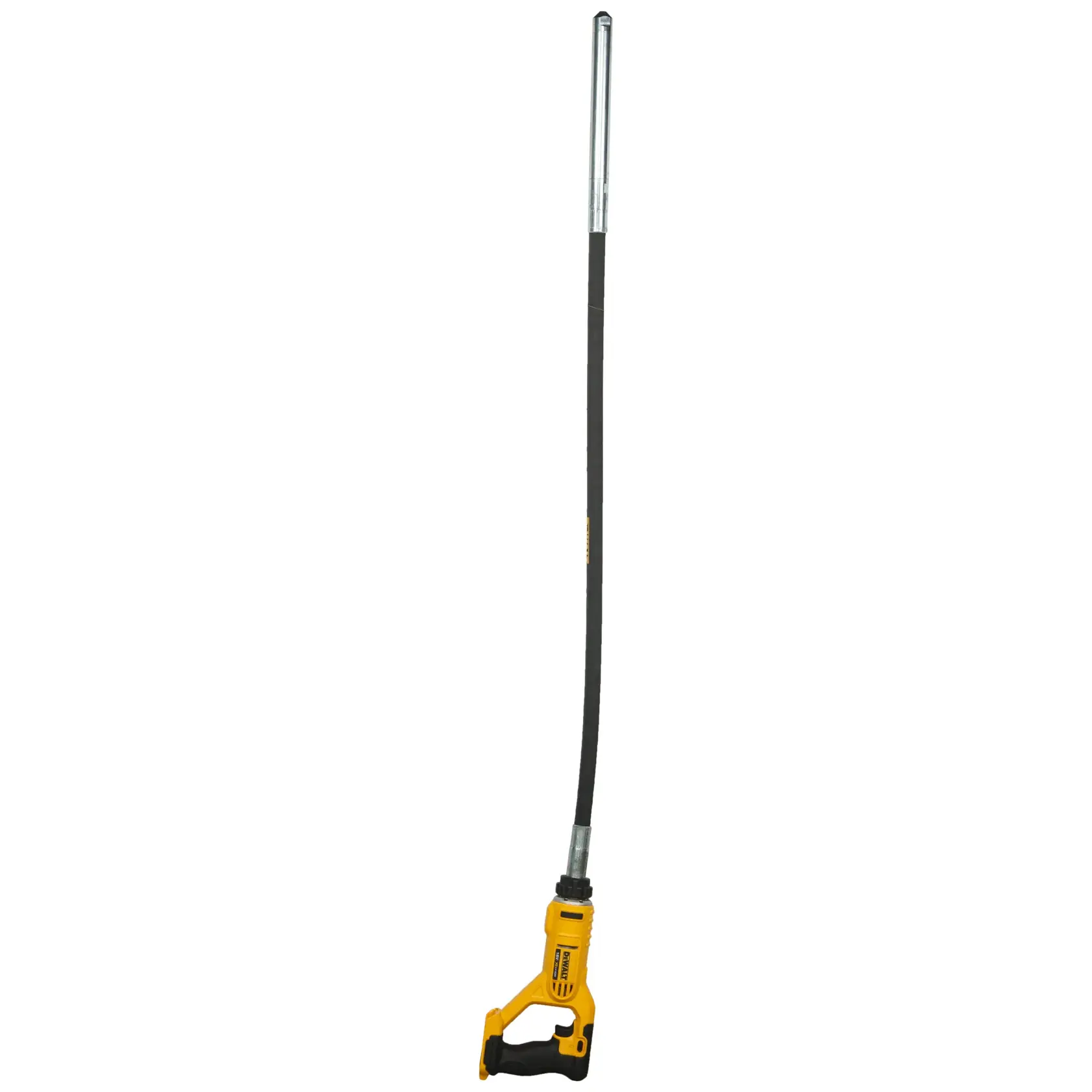 Vibreur à béton DEWALT avec longue tige flexible et poignée jaune, utilisé pour le chantier.