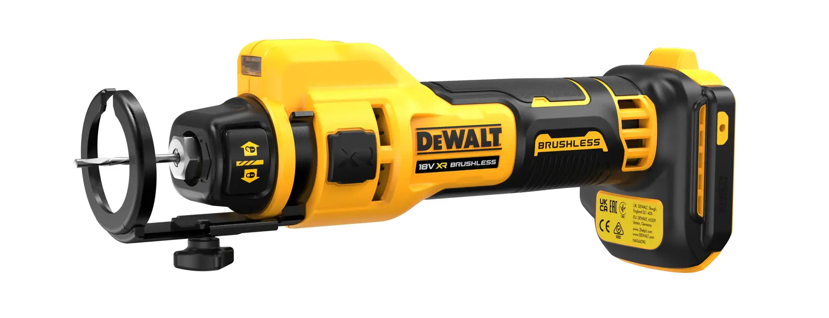 Outil rotatif sans fil DEWALT DCE555N avec moteur sans balais et protège-sécurité sur fond blanc.